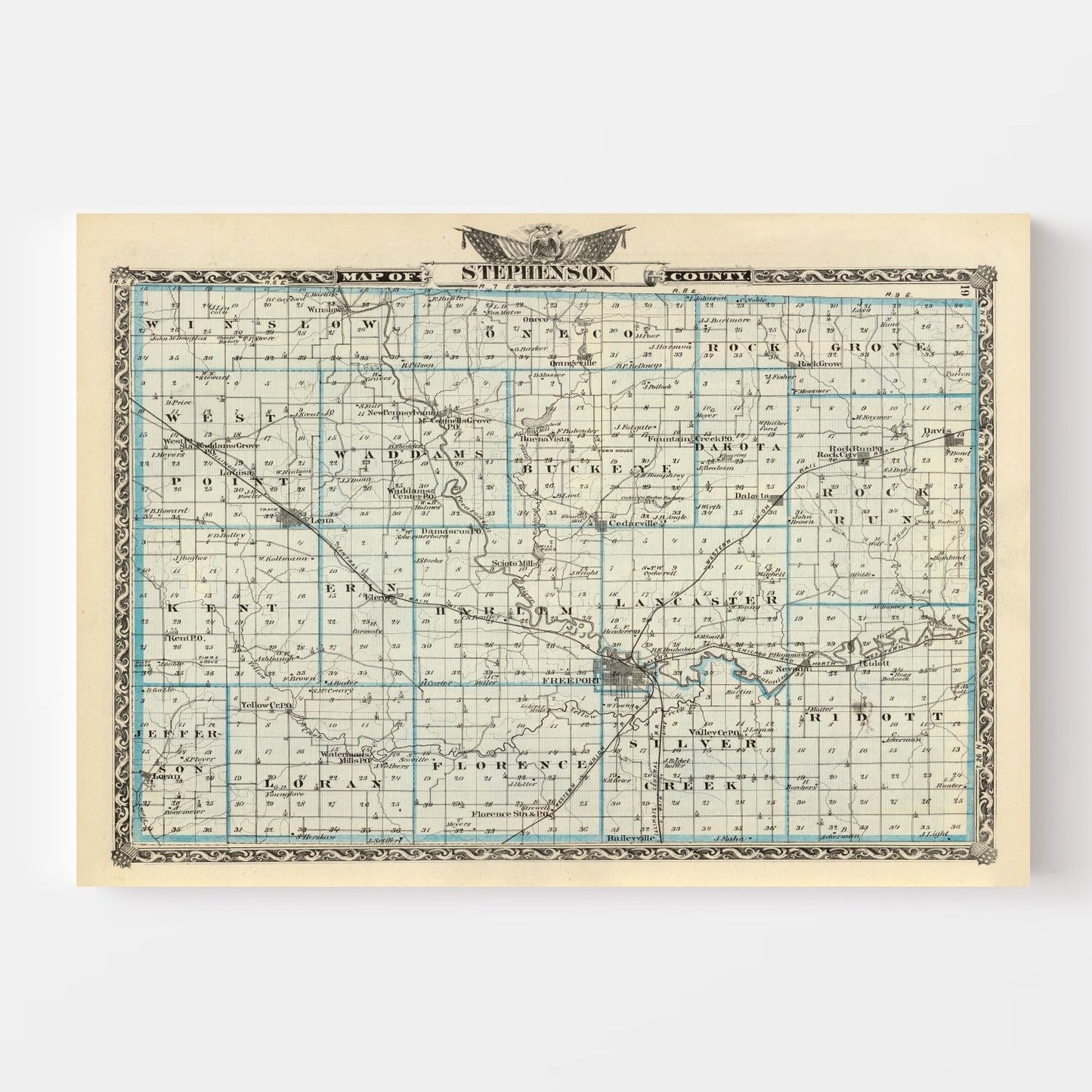 Vintage Map of Stephenson County, Illinois, 1876