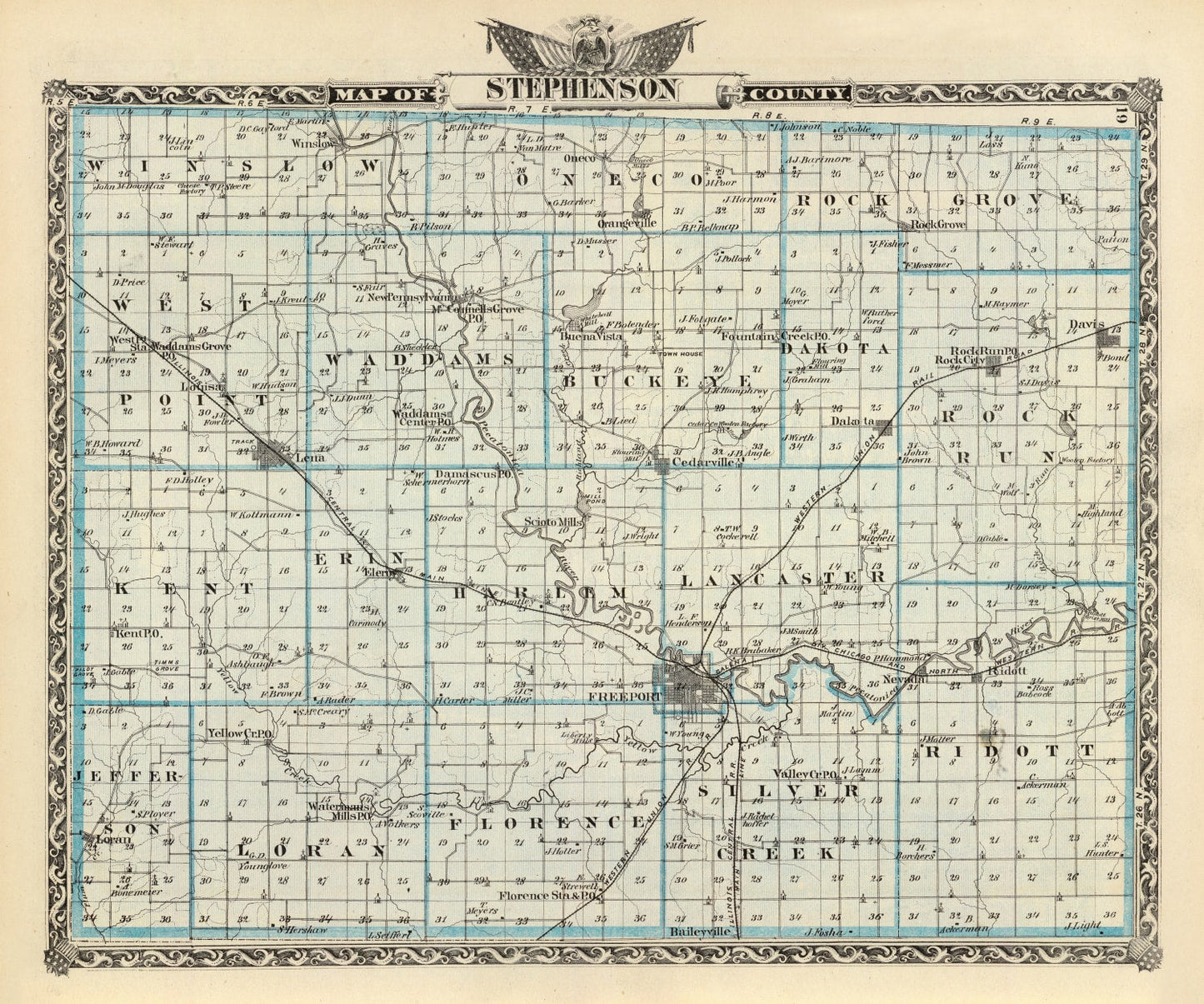 Vintage Map of Stephenson County, Illinois, 1876