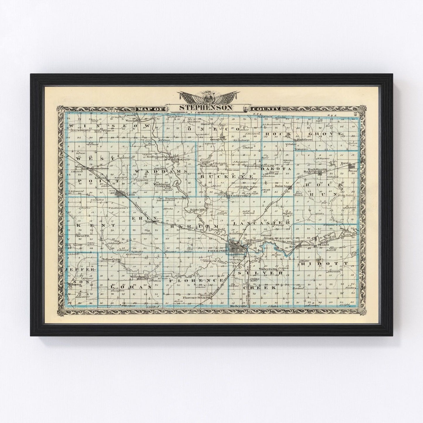 Vintage map of Stephenson County, Illinois, 1876