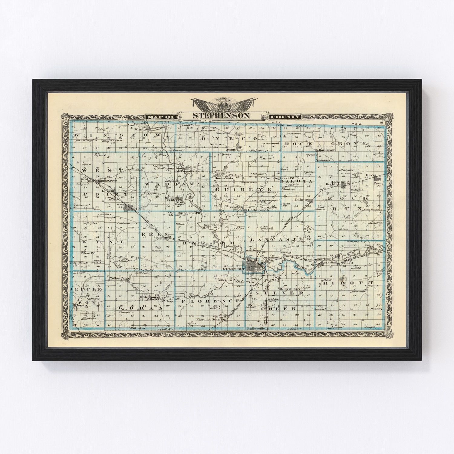 Vintage map of Stephenson County, Illinois, 1876