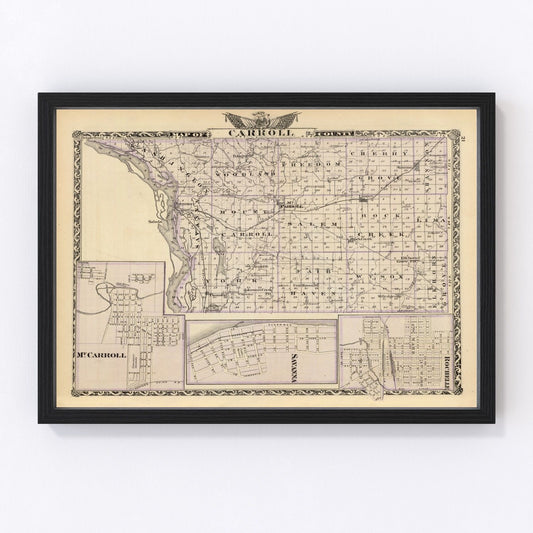 Vintage map of Carroll County, Illinois, 1876, restored vintage wall art print