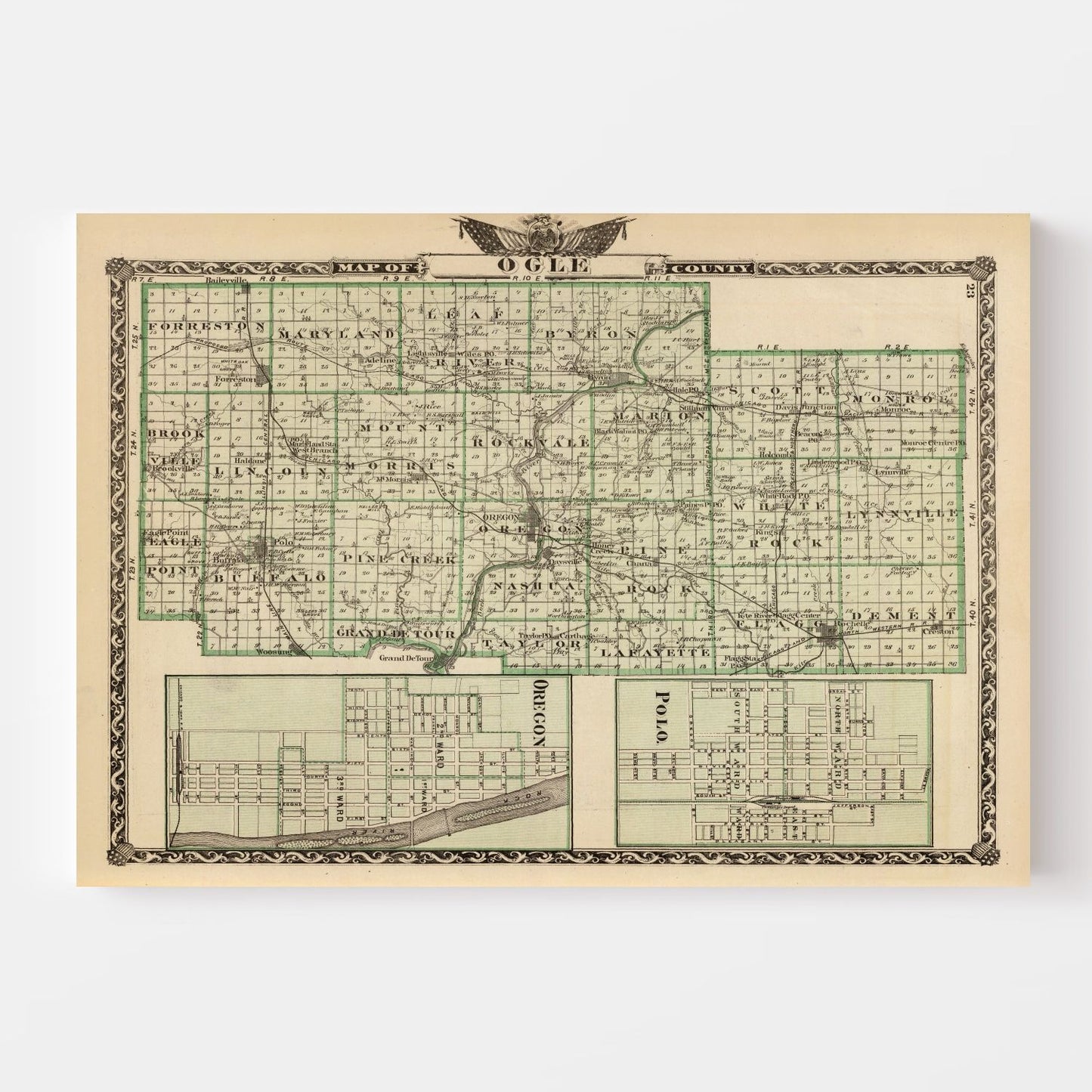 Vintage Map of Ogle County, Illinois, 1876