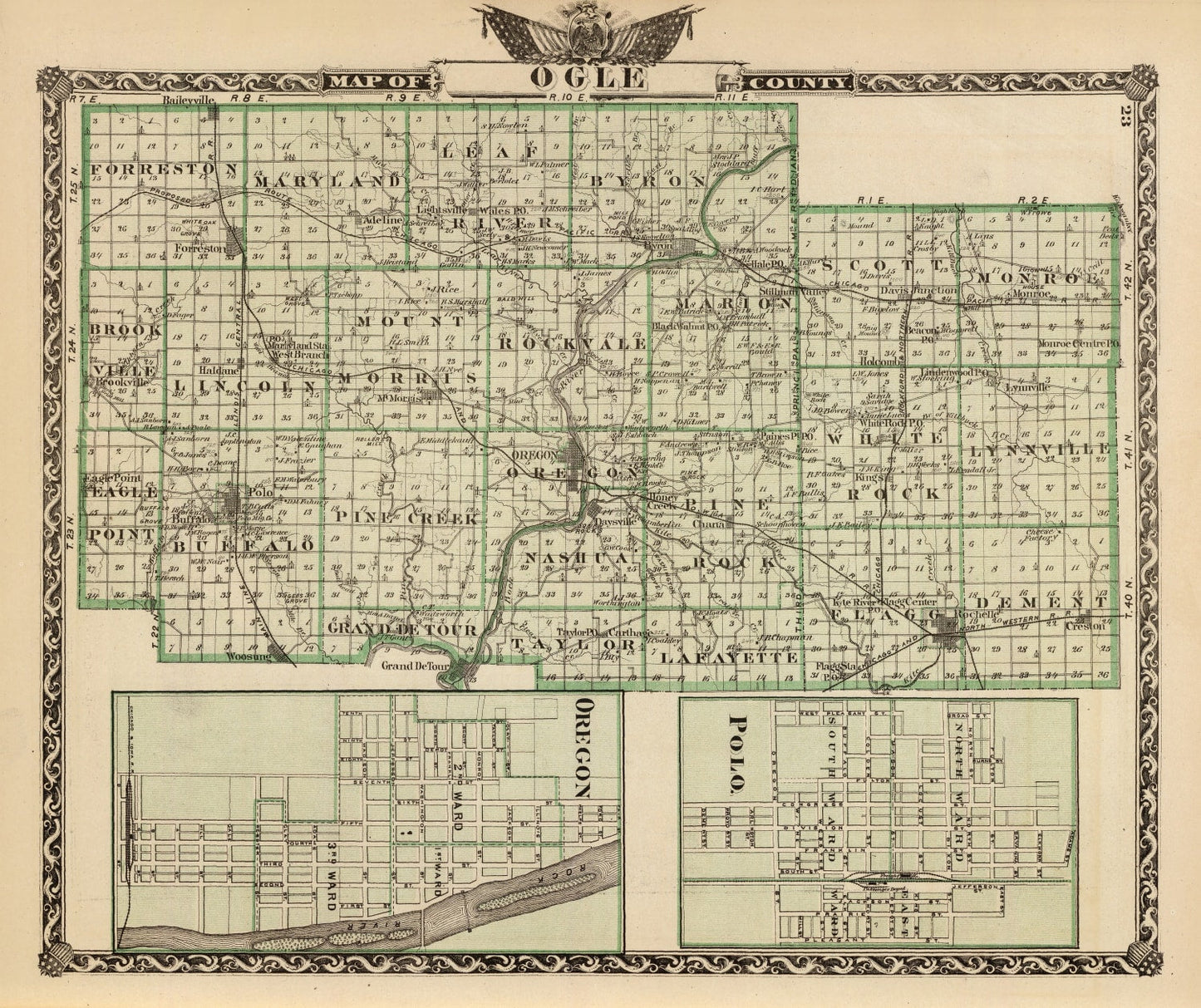 Vintage Map of Ogle County, Illinois, 1876