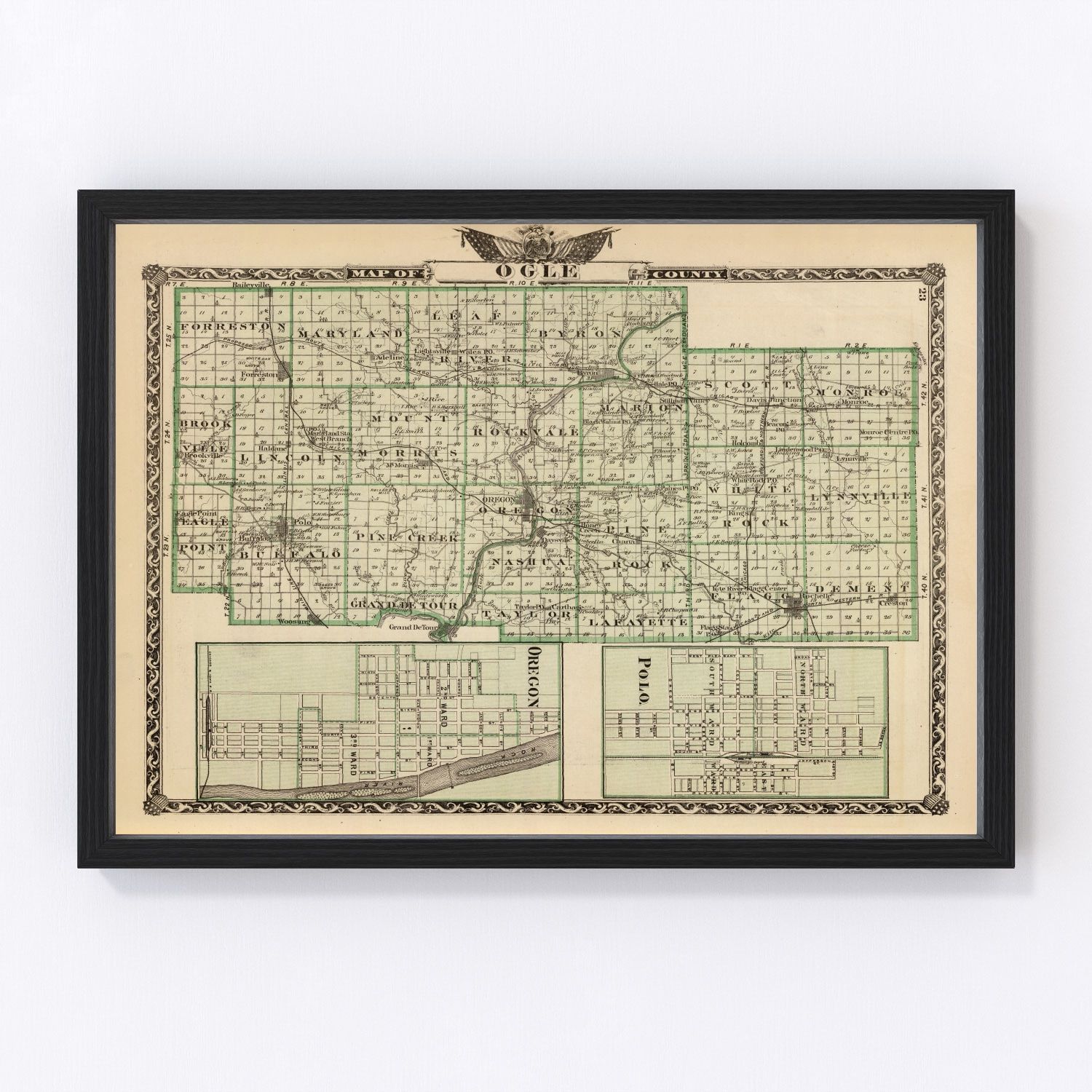 vintage map of Ogle County, Illinois, 1876