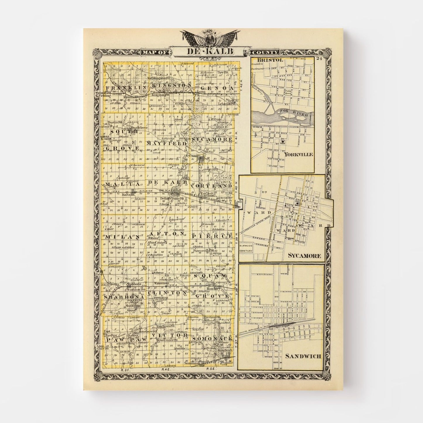 Vintage Map of DeKalb County, Illinois, 1876