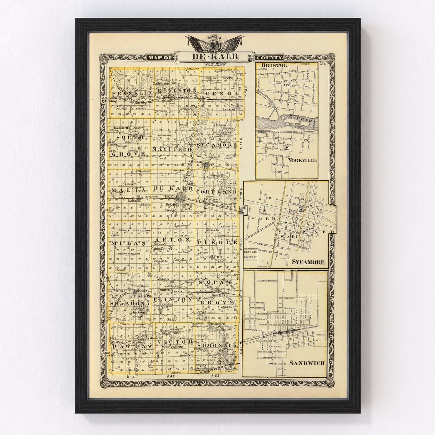Vintage map of DeKalb County, Illinois, 1876