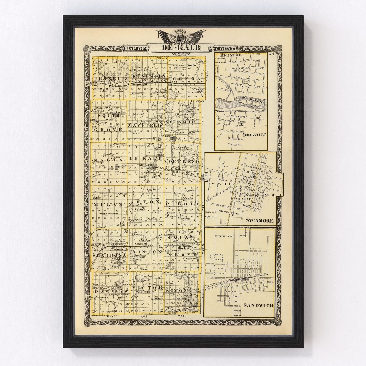 Vintage map of DeKalb County, Illinois, 1876