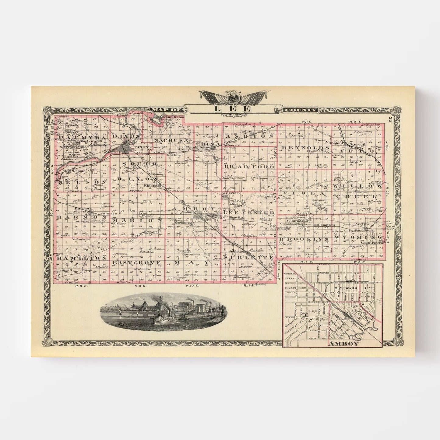 Vintage Map of Lee County, Illinois, 1876