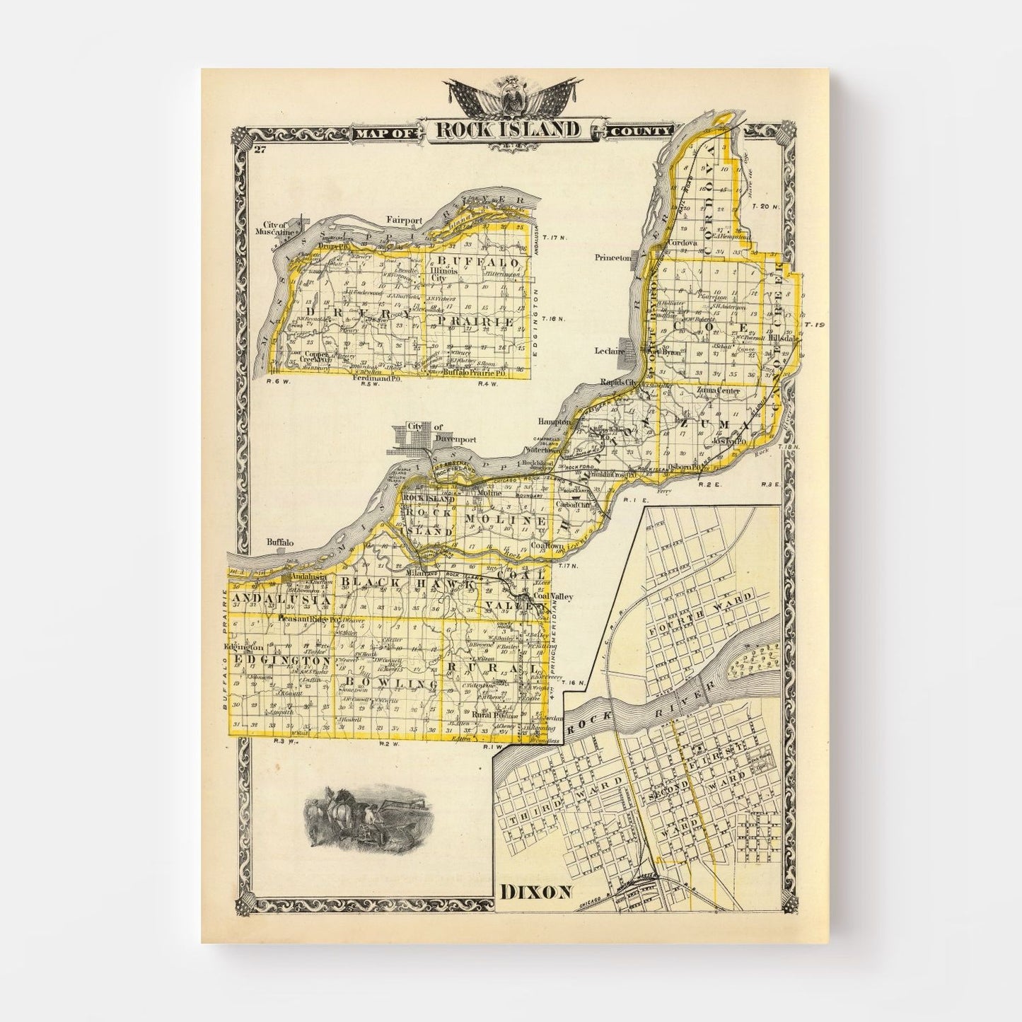 Vintage Map of Rock Island County, Illinois, 1876
