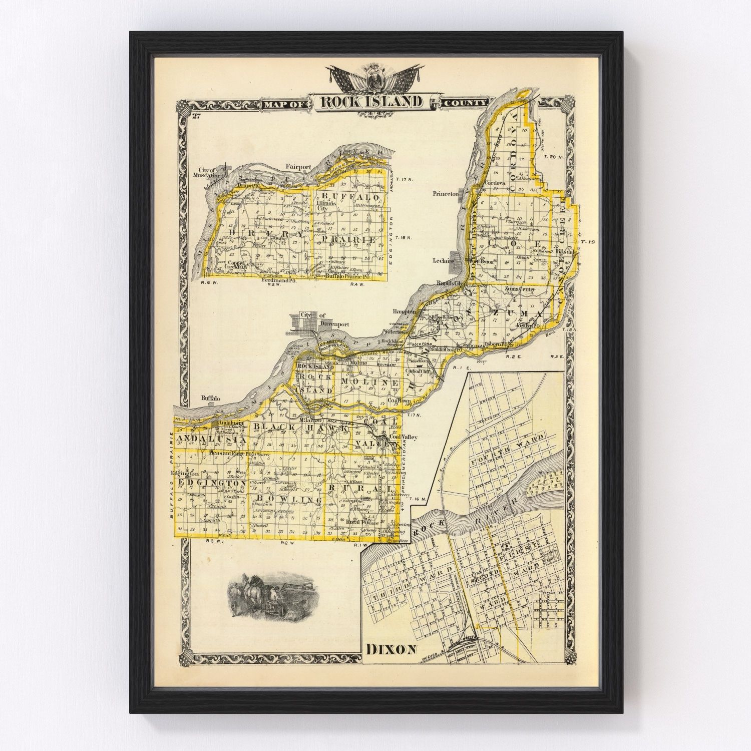 Vintage map of Rock Island County, Illinois, 1876