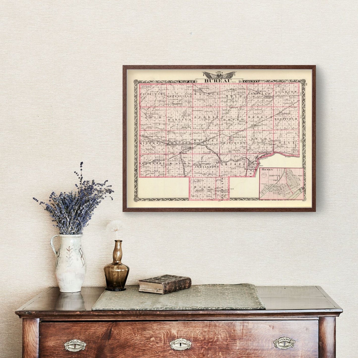 Vintage Map of Bureau County, Illinois, 1876