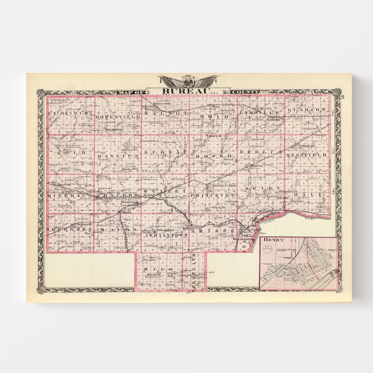 Vintage Map of Bureau County, Illinois, 1876