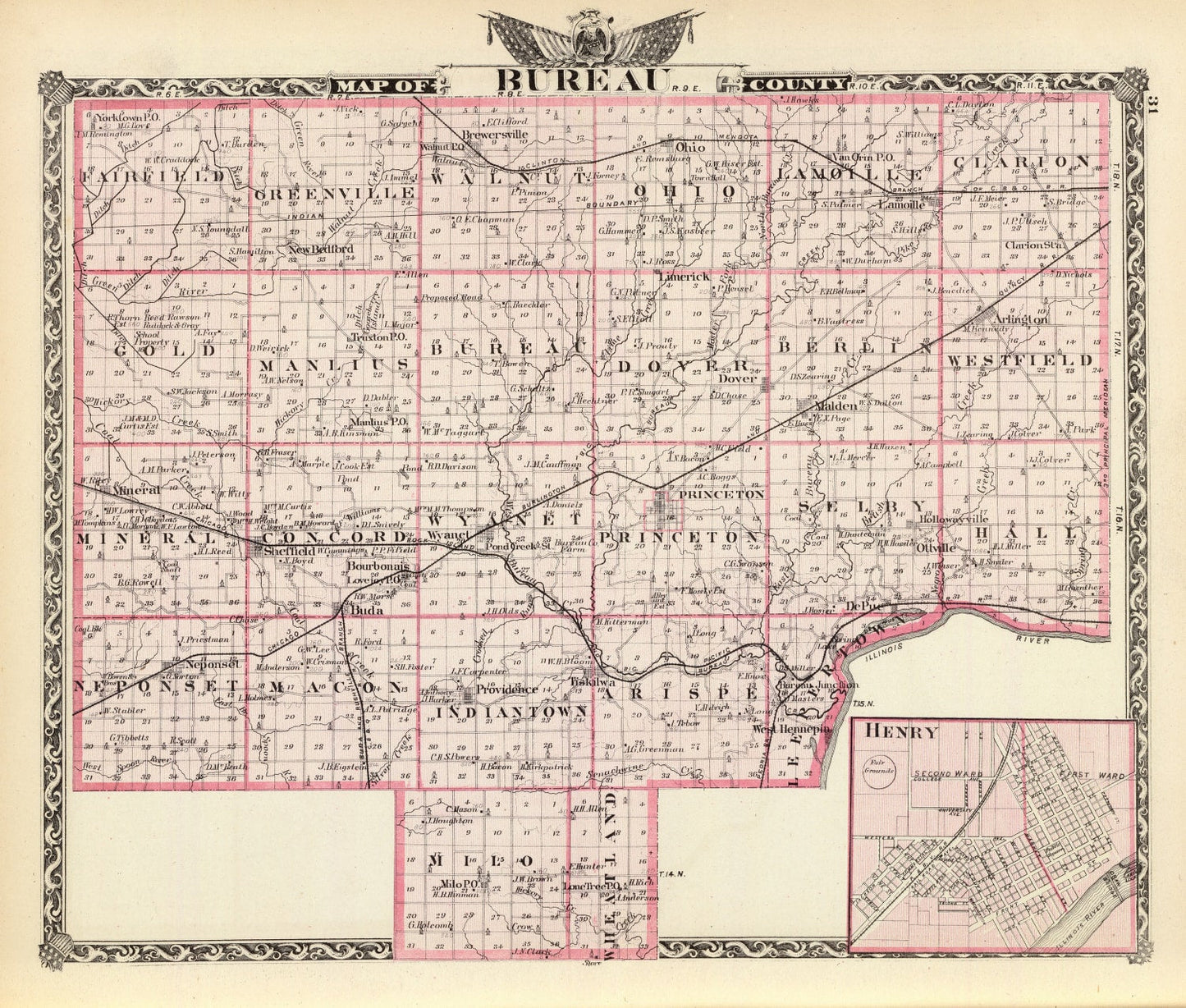 Vintage Map of Bureau County, Illinois, 1876