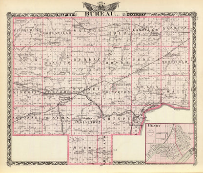 Vintage Map of Bureau County, Illinois, 1876