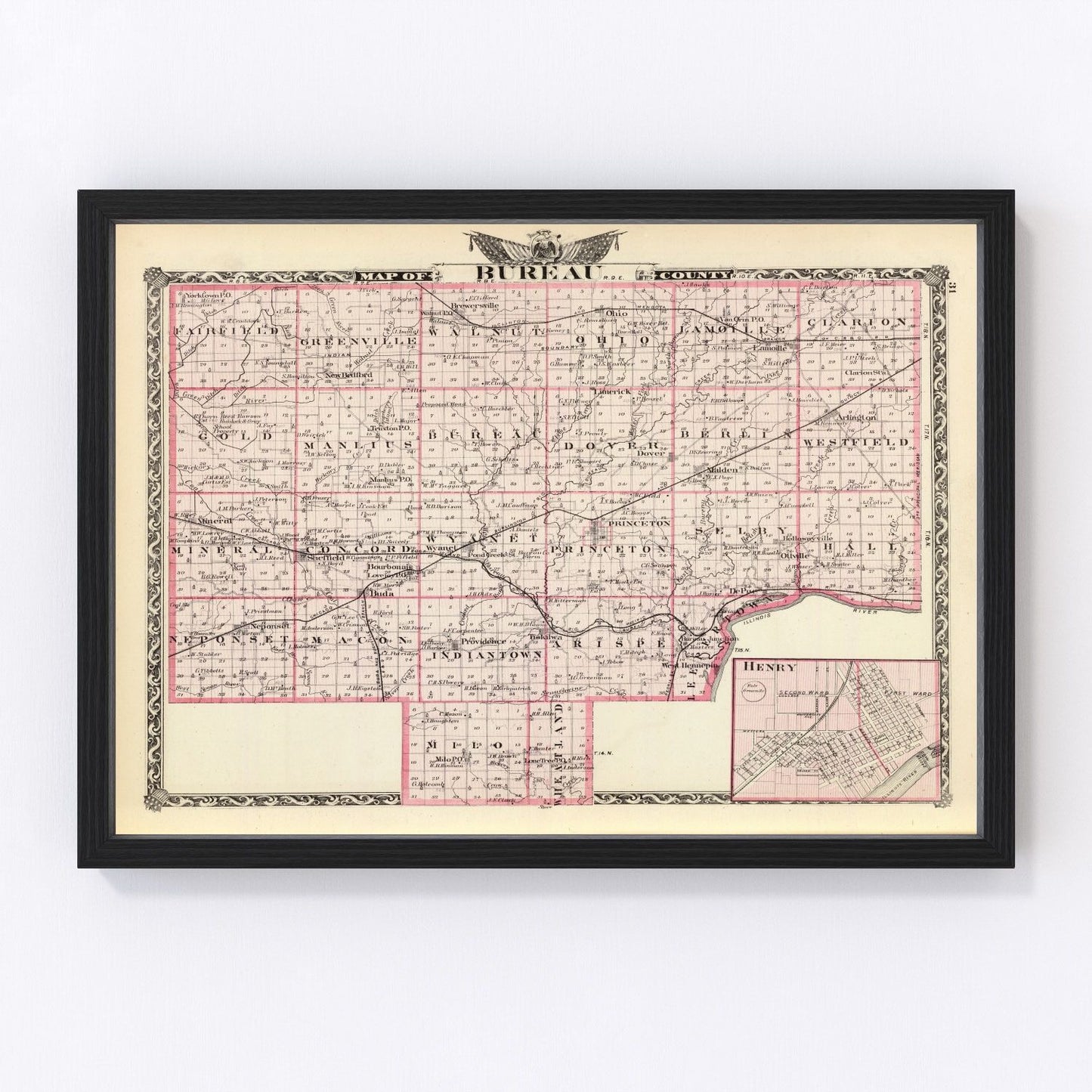 Vintage map of Bureau County, Illinois, 1876, Princeton restored print