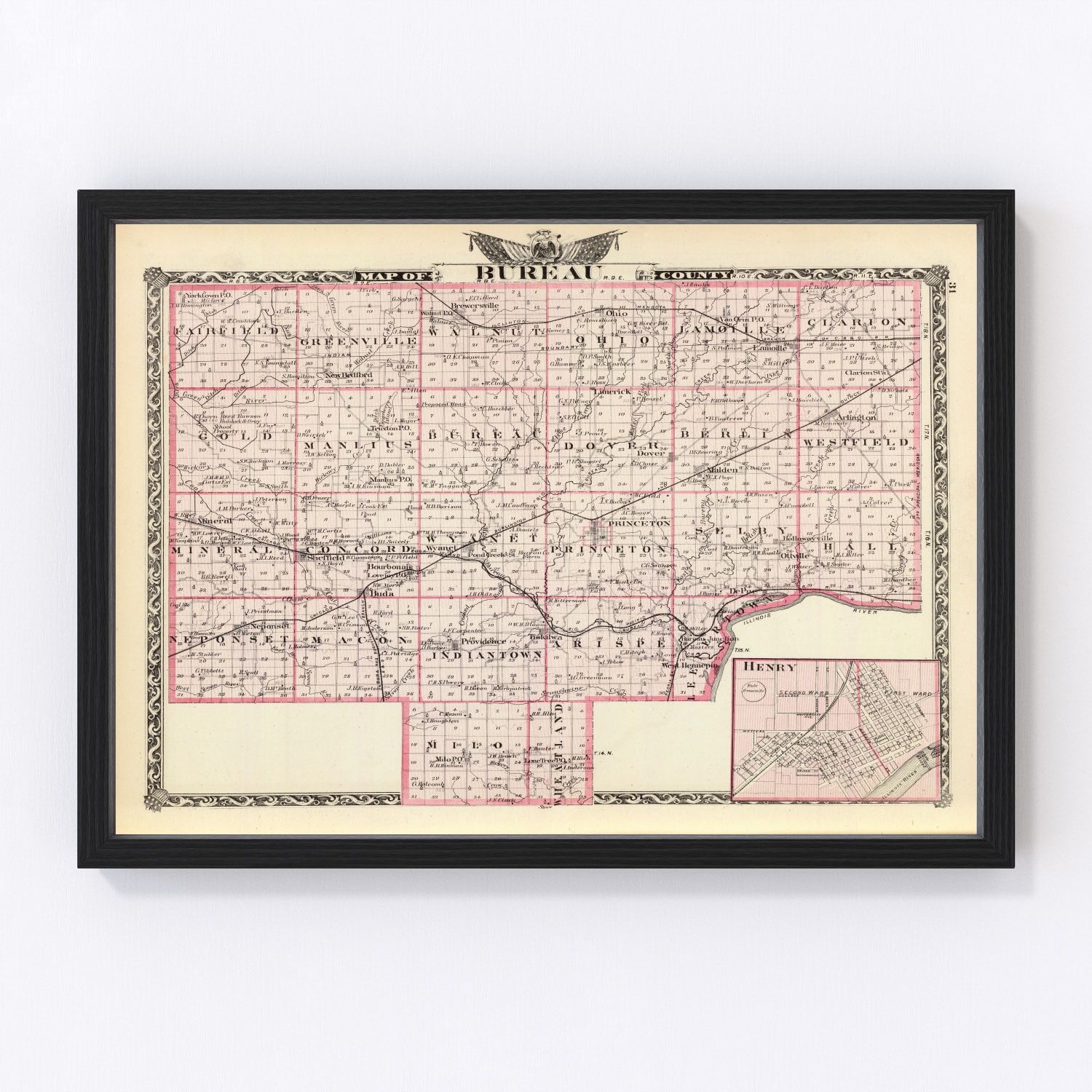 Vintage map of Bureau County, Illinois, 1876, Princeton restored print