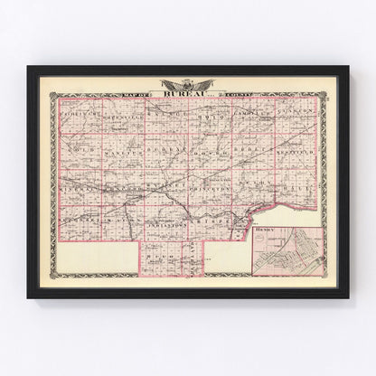 Vintage map of Bureau County, Illinois, 1876, Princeton restored print