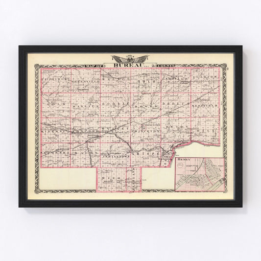 Vintage map of Bureau County, Illinois, 1876, Princeton restored print