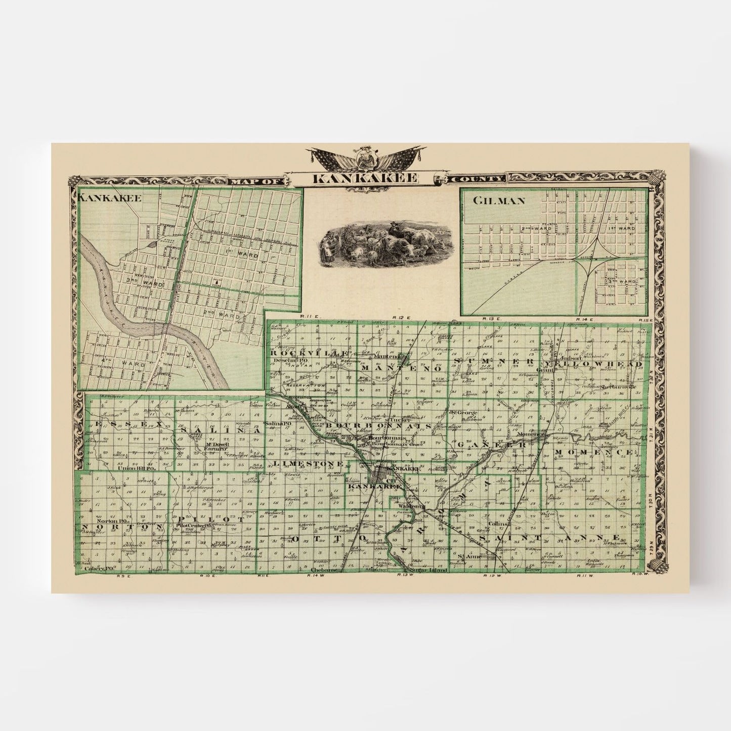 Vintage Map of Kankakee County, Illinois, 1876