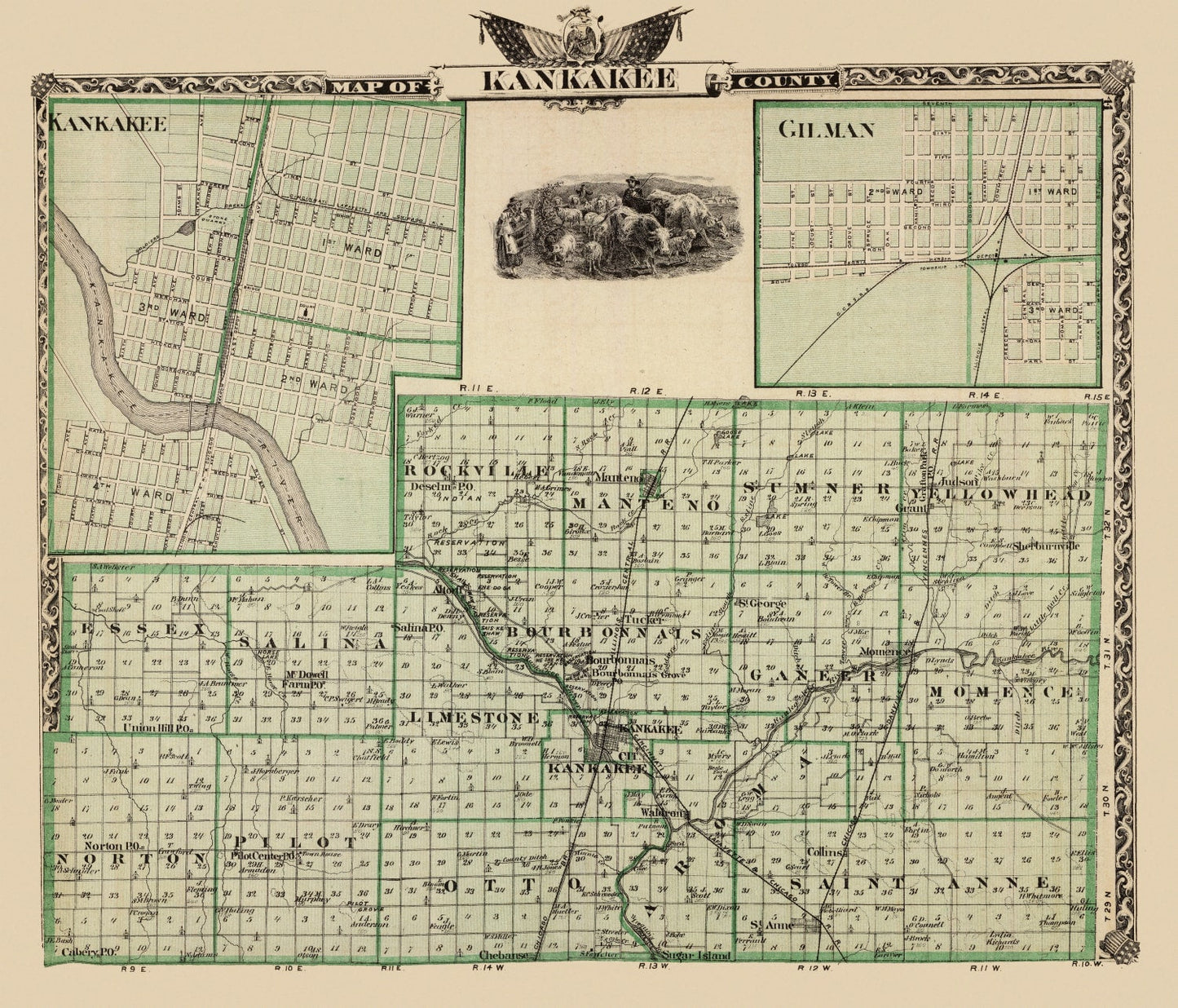 Vintage Map of Kankakee County, Illinois, 1876