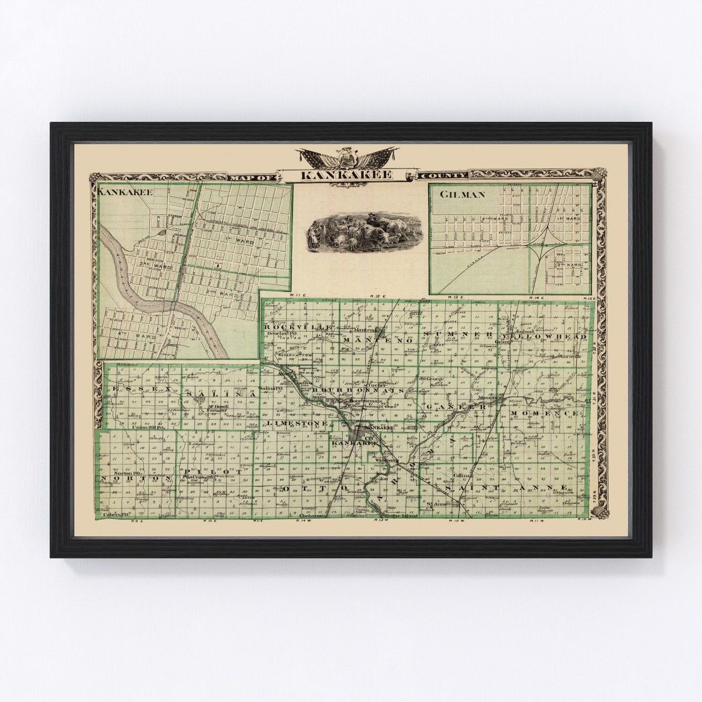 Vintage map of Kankakee County, Illinois, 1876