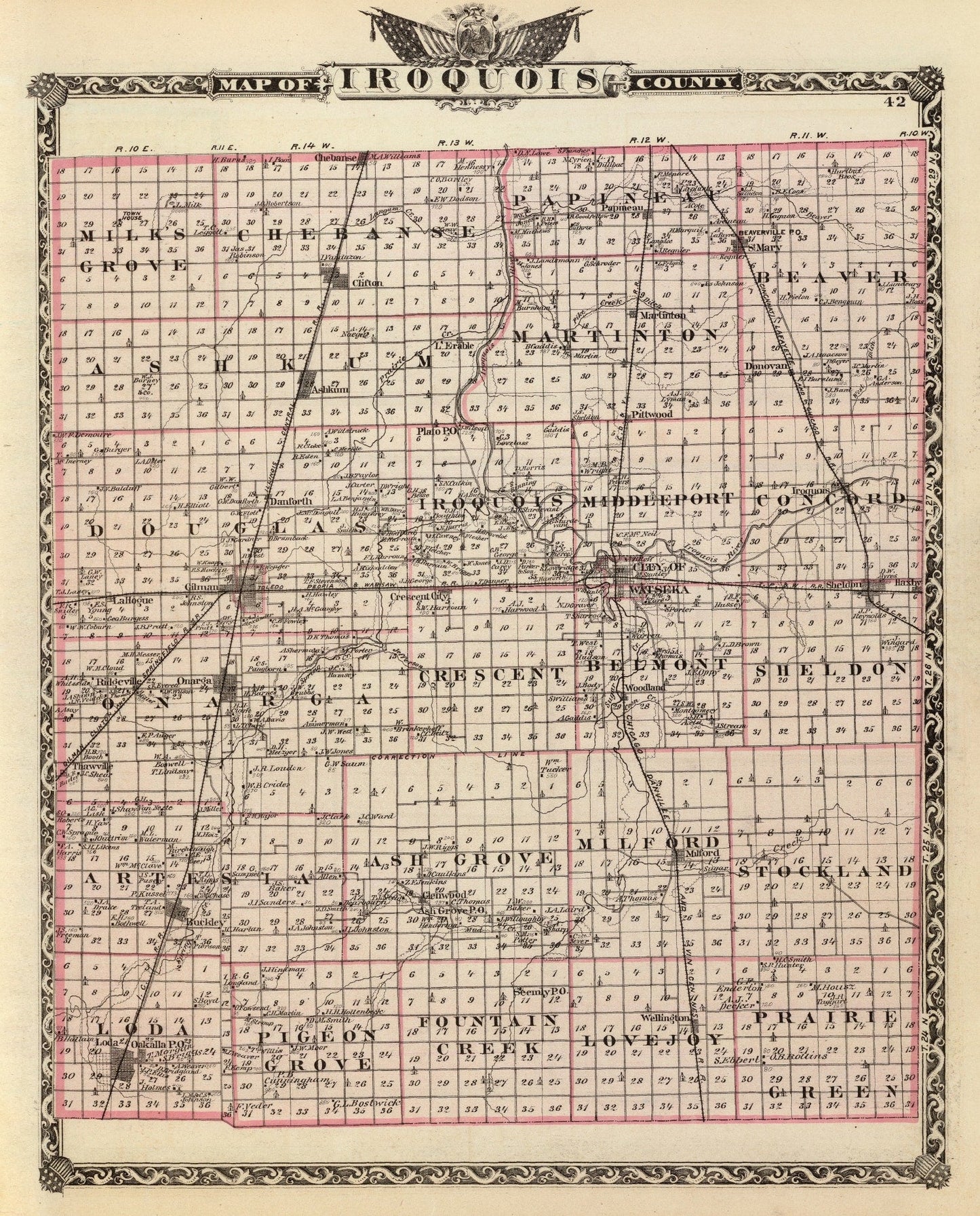Vintage Map of Iroquois County, Illinois, 1876