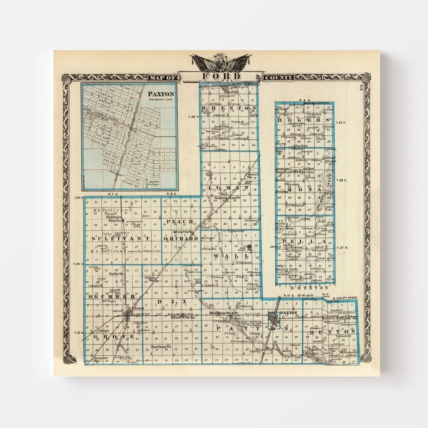 Vintage Map of Ford County, Illinois, 1876