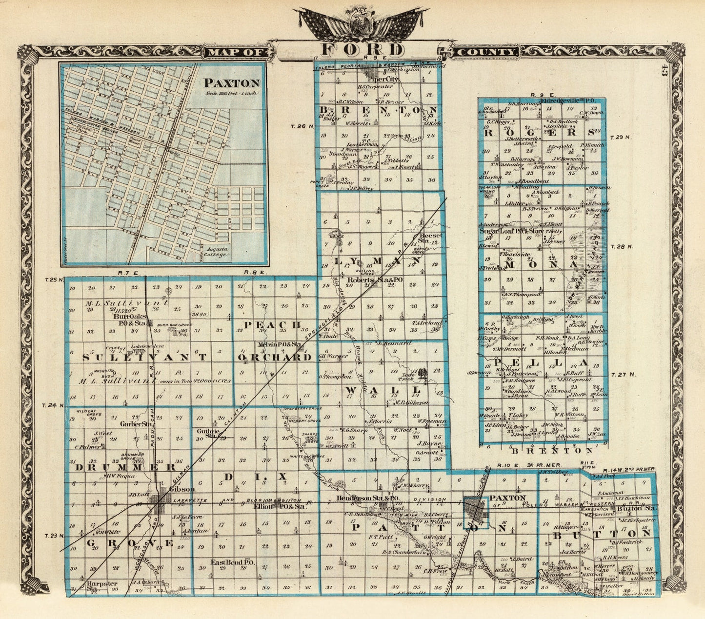 Vintage Map of Ford County, Illinois, 1876