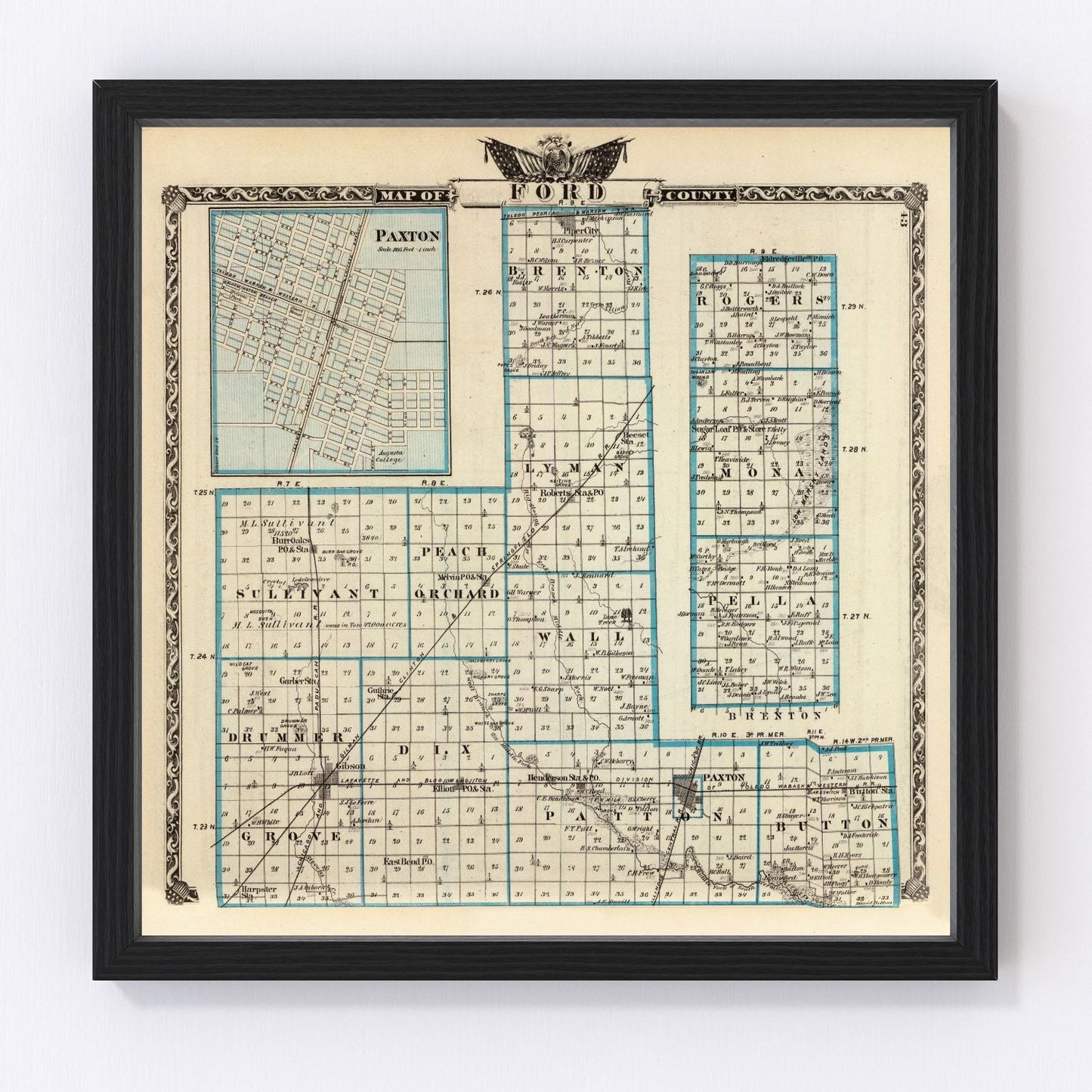 vintage map of Ford County, Illinois, 1876