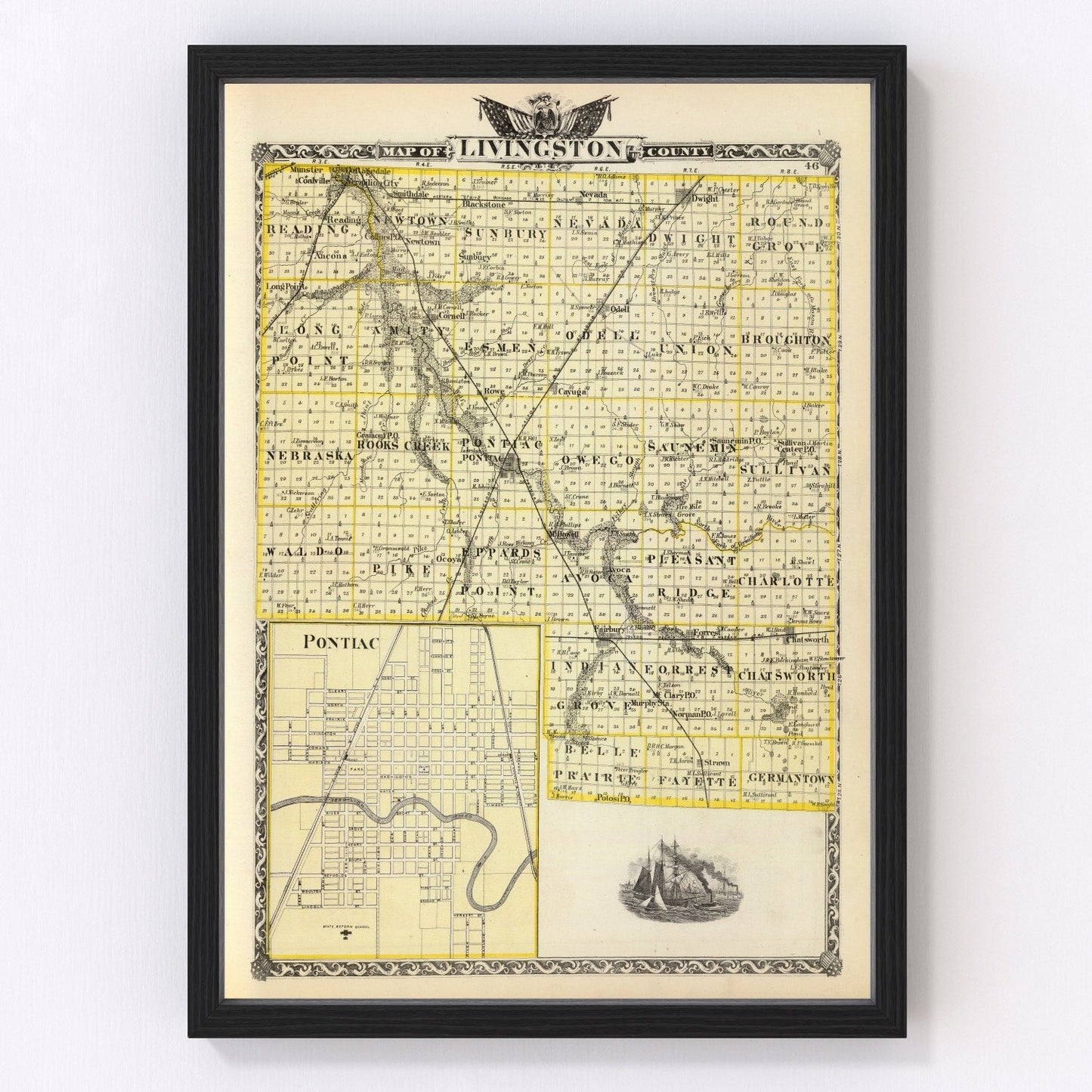 vintage map of Livingston County, Illinois, 1876