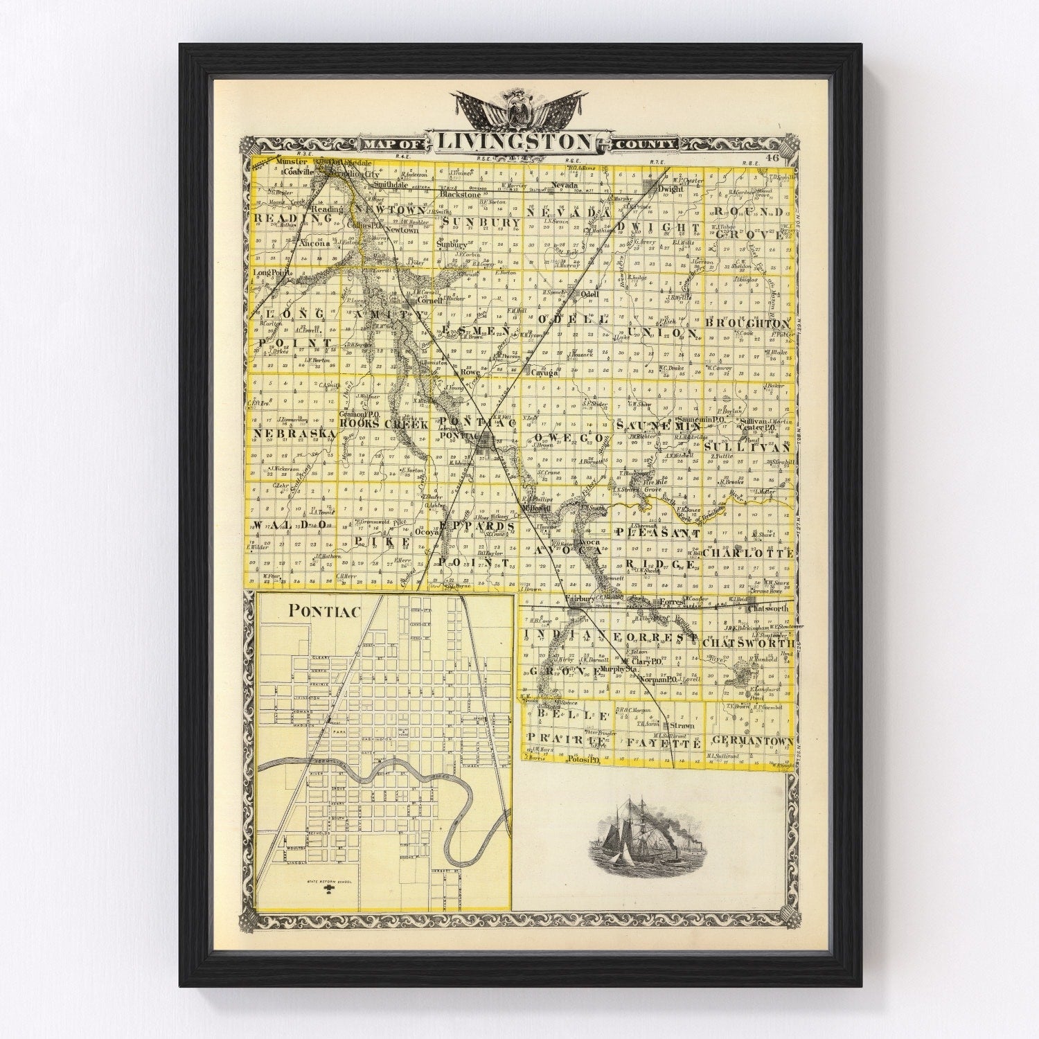vintage map of Livingston County, Illinois, 1876