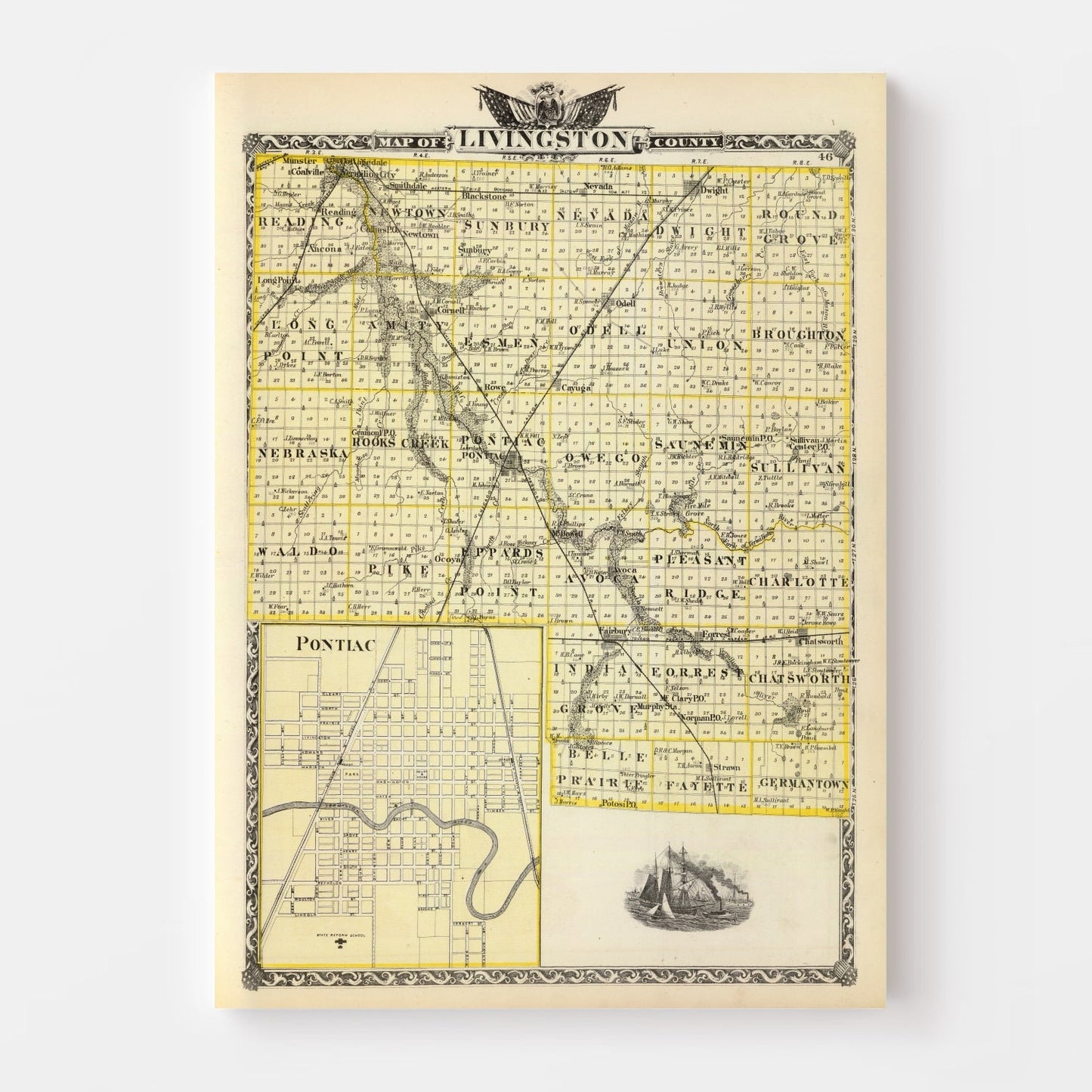Vintage Map of Livingston County, Illinois, 1876