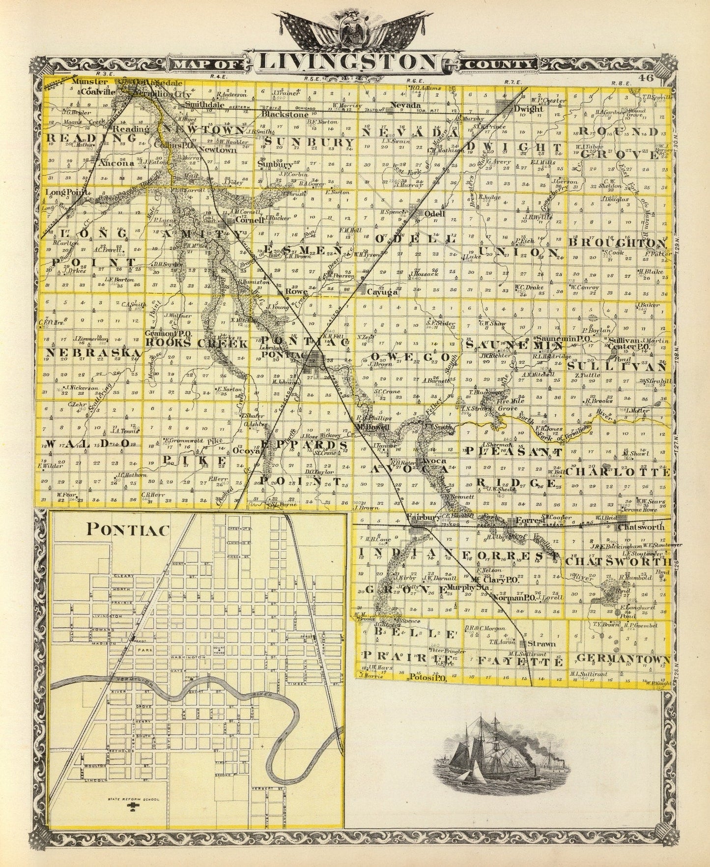 Vintage Map of Livingston County, Illinois, 1876