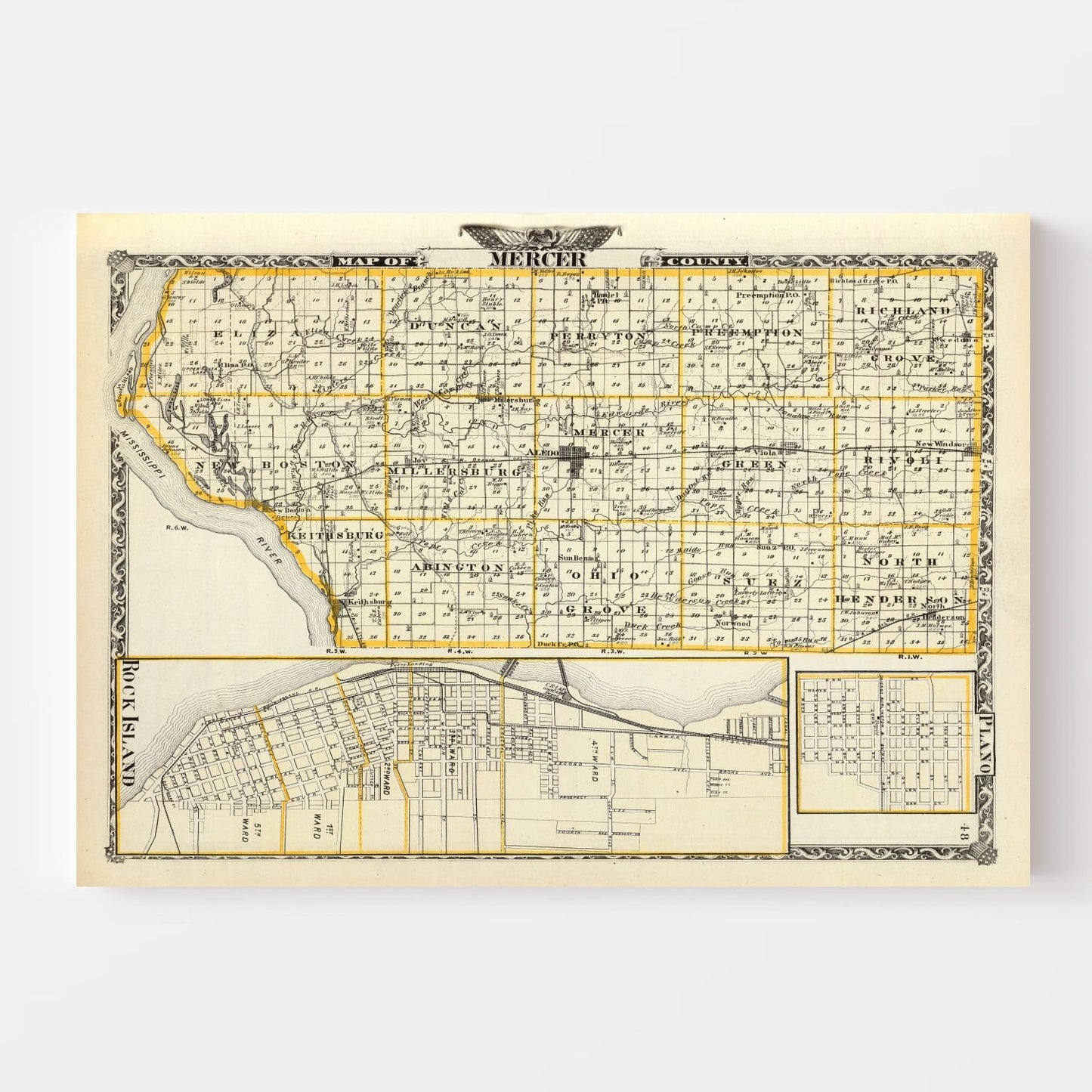 Vintage Map of Mercer County, Illinois, 1876