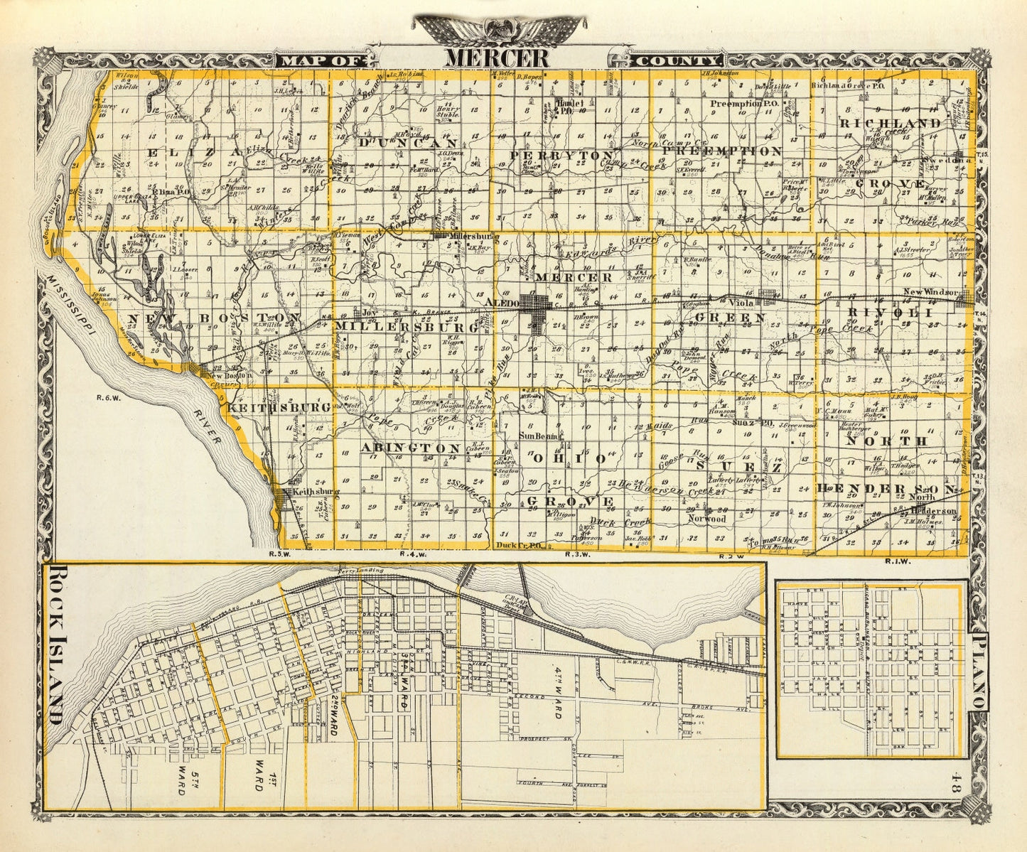 Vintage Map of Mercer County, Illinois, 1876