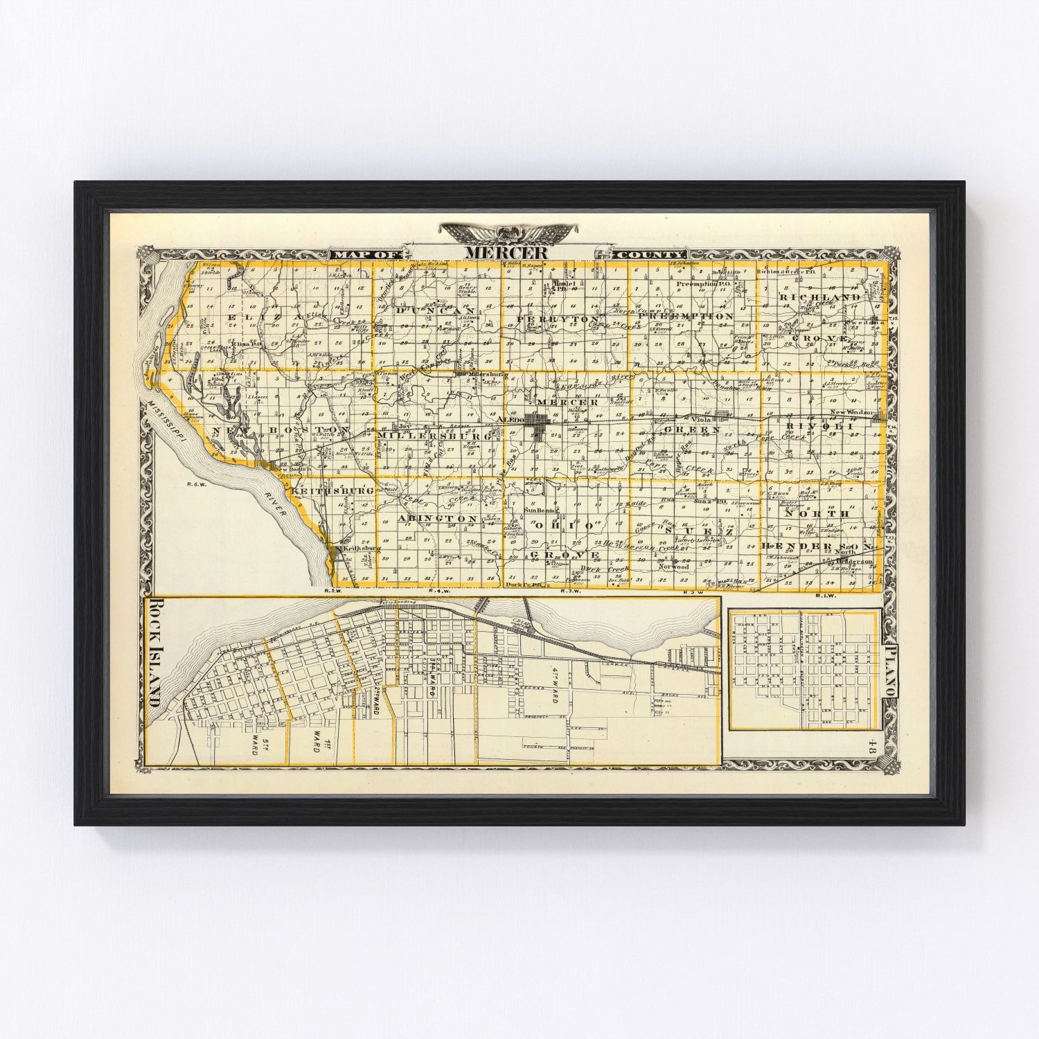 vintage map of Mercer County, Illinois, 1876