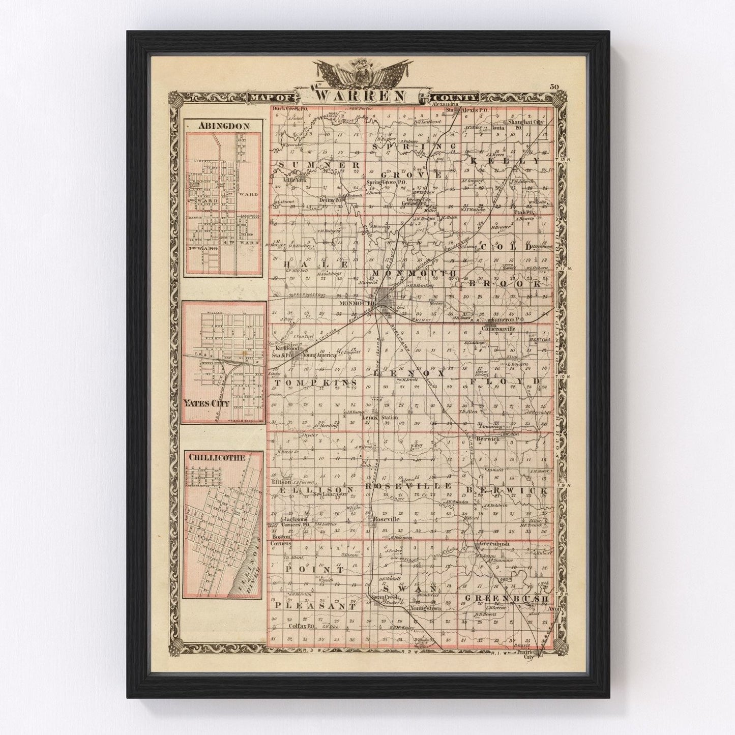 Vintage map of Warren County, Illinois, 1876, digitally restored