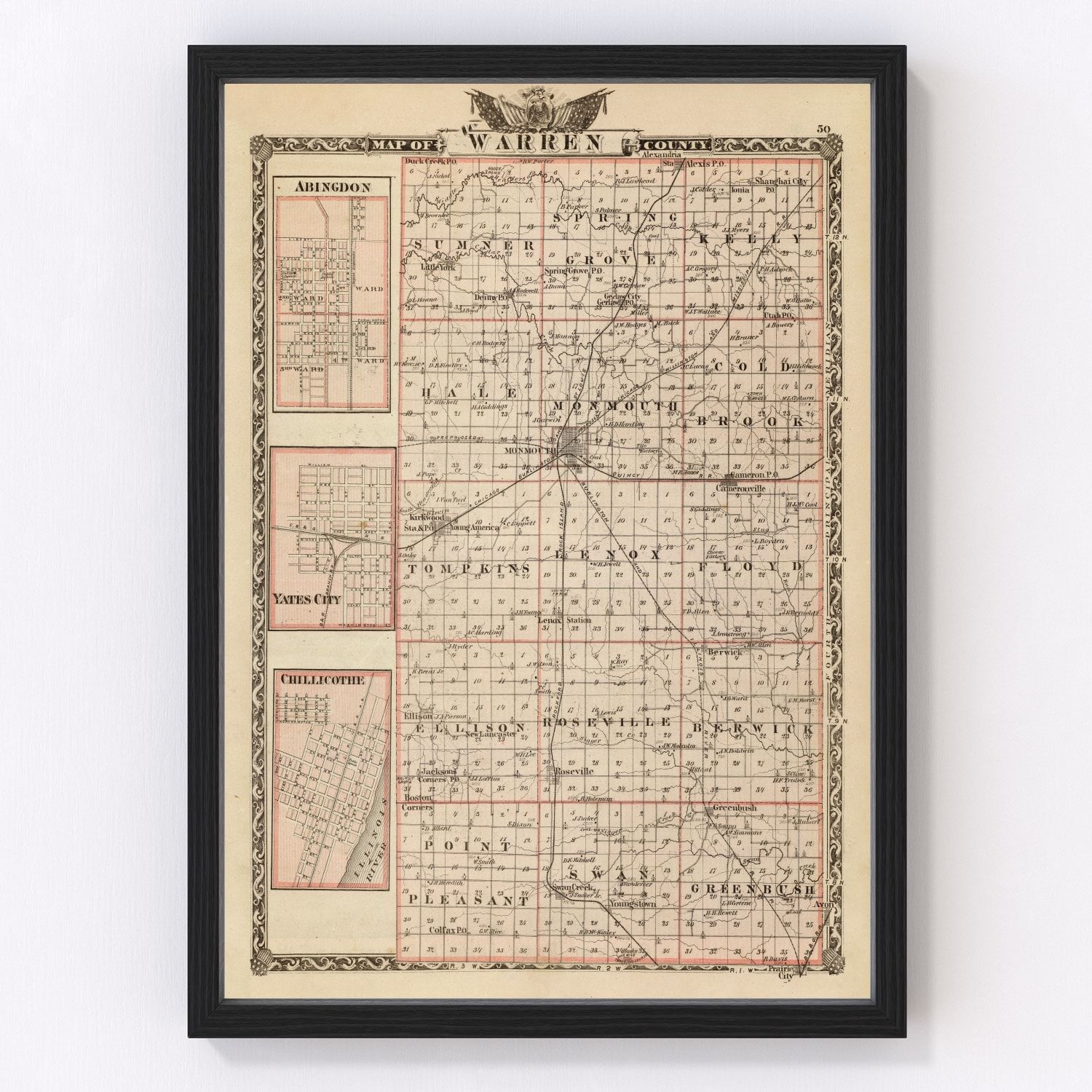 Vintage map of Warren County, Illinois, 1876, digitally restored
