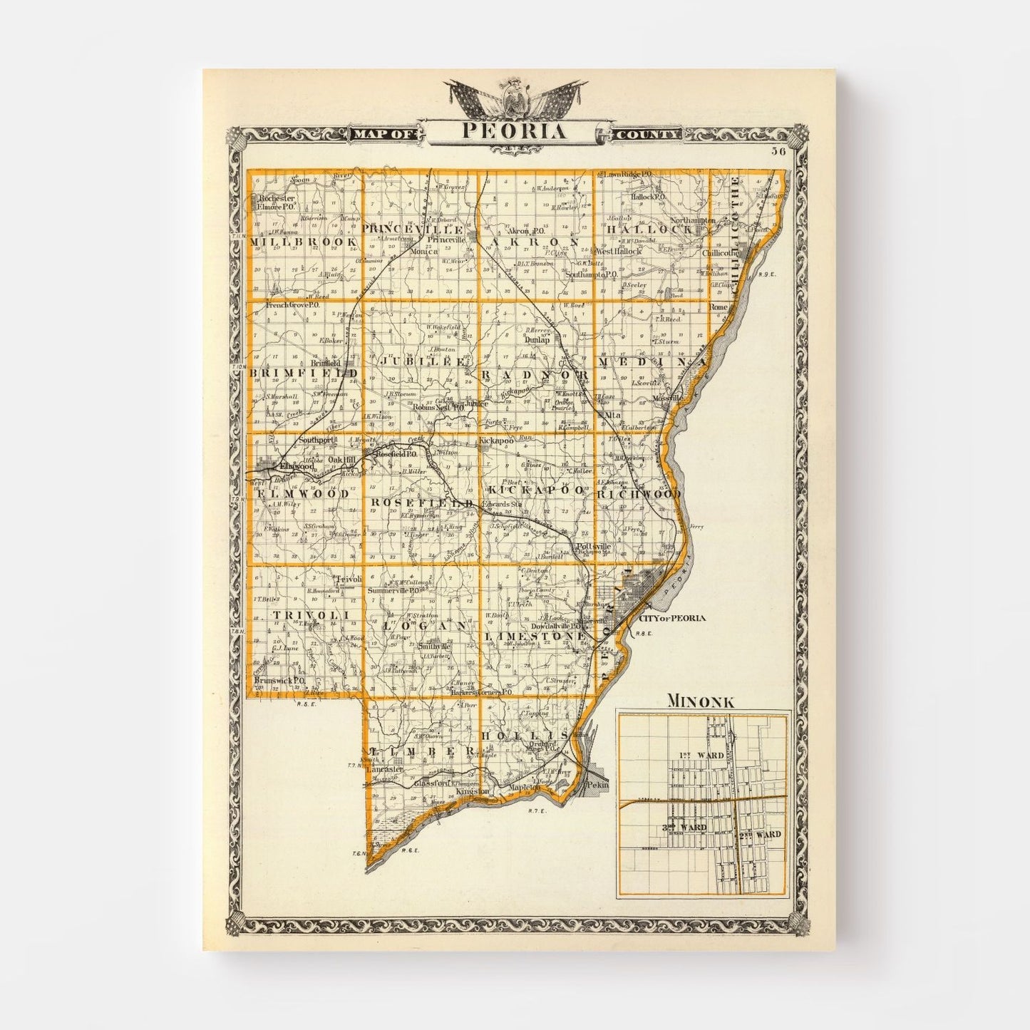 Vintage Map of Peoria County, Illinois, 1876