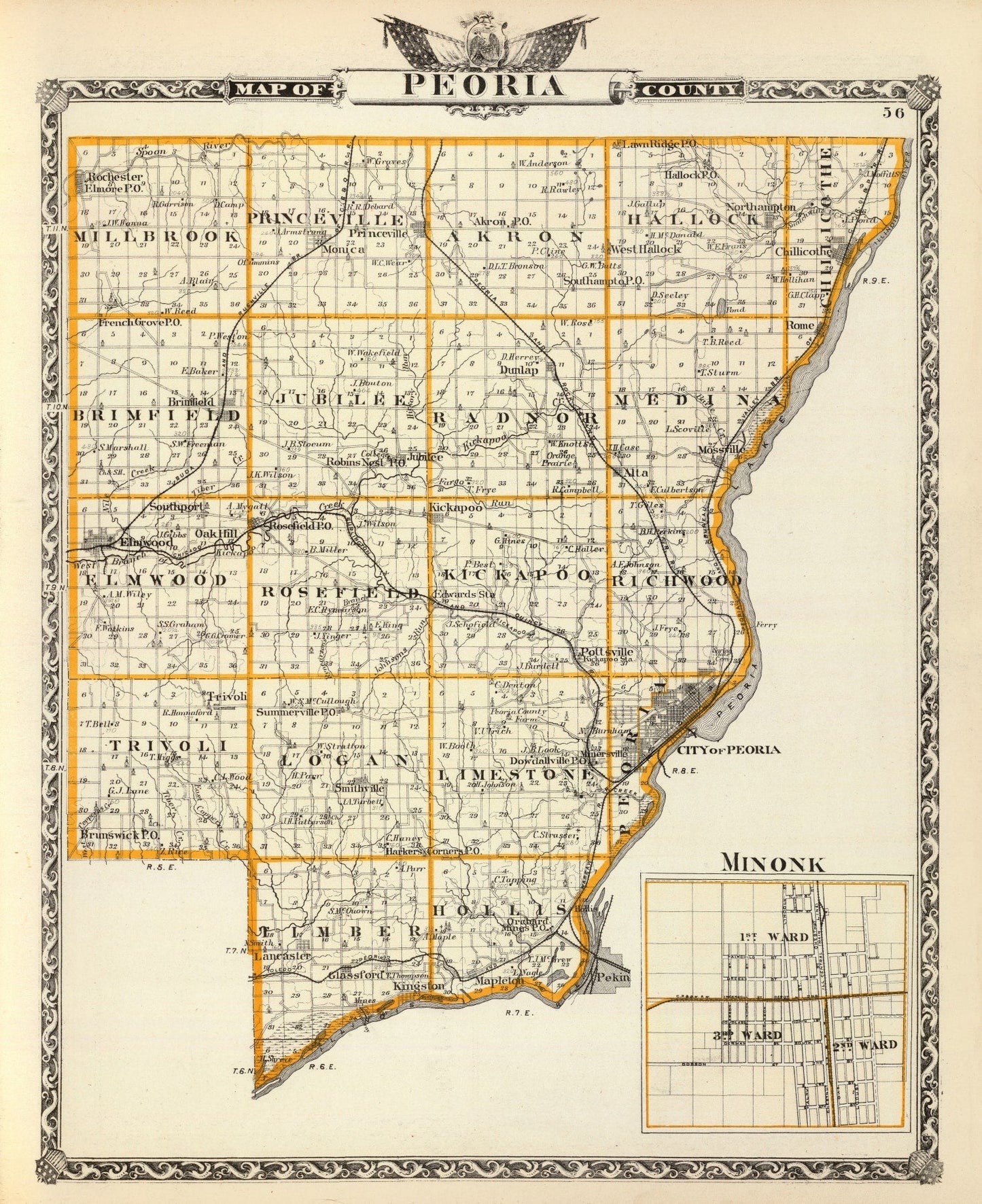 Vintage Map of Peoria County, Illinois, 1876