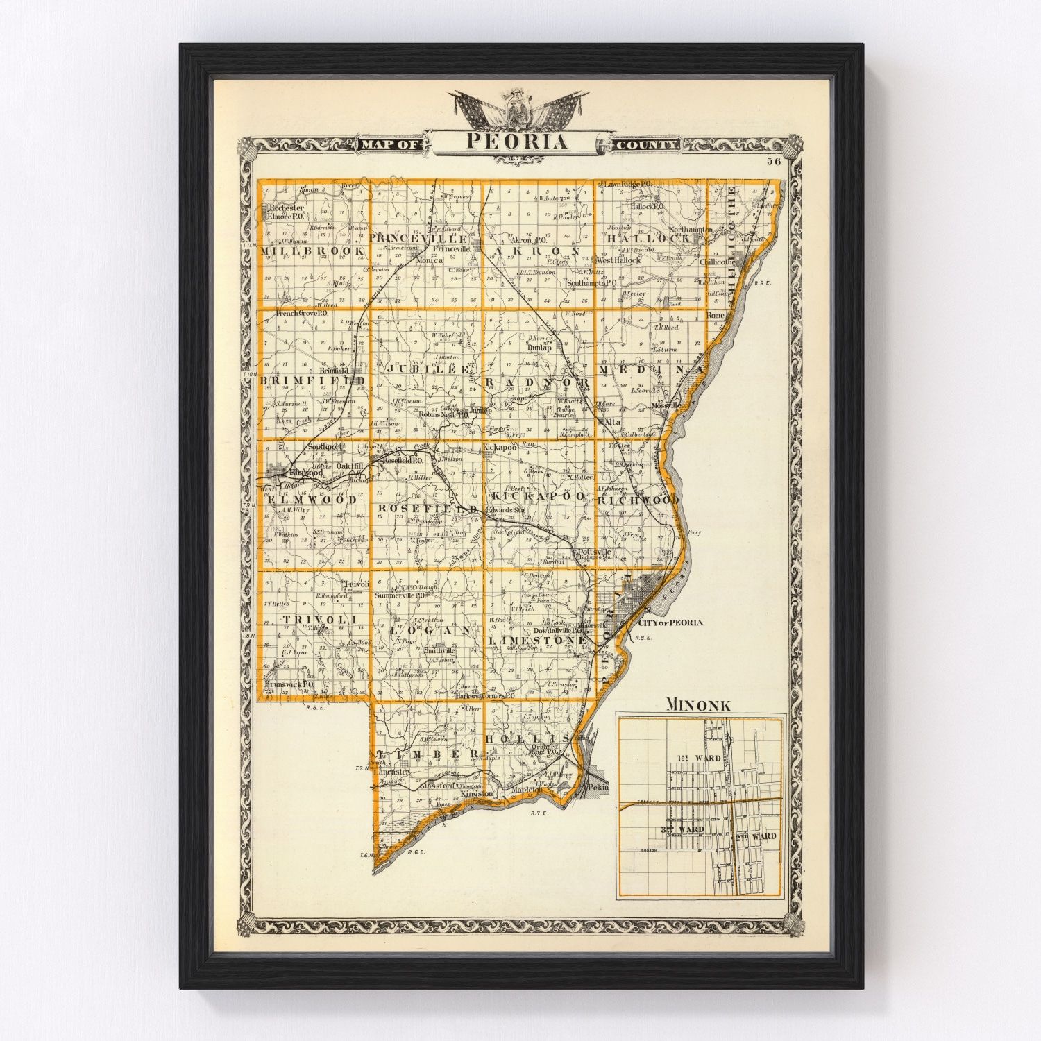 vintage map of Peoria County, Illinois, 1876