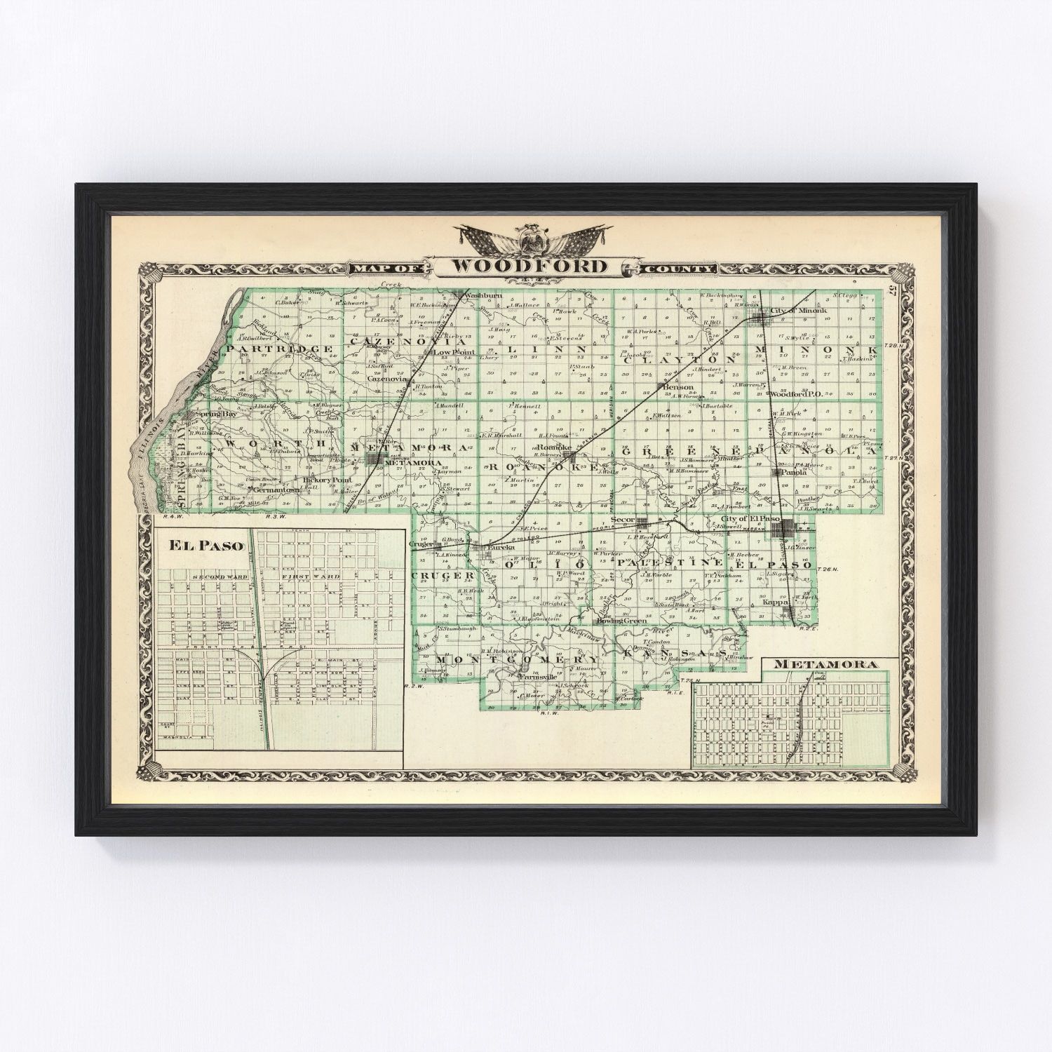 Vintage map of Woodford County, Illinois, 1876, with El Paso, Eureka, Metamora, restored