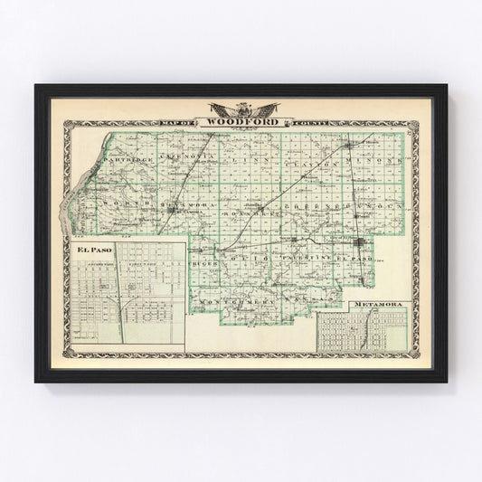 Vintage map of Woodford County, Illinois, 1876, with El Paso, Eureka, Metamora, restored