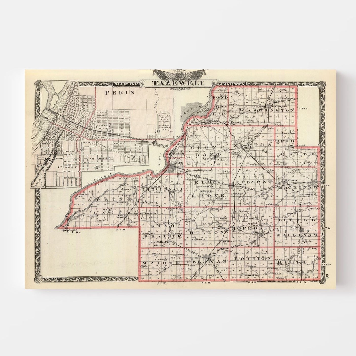 Vintage Map of Tazewell County, Illinois, 1876