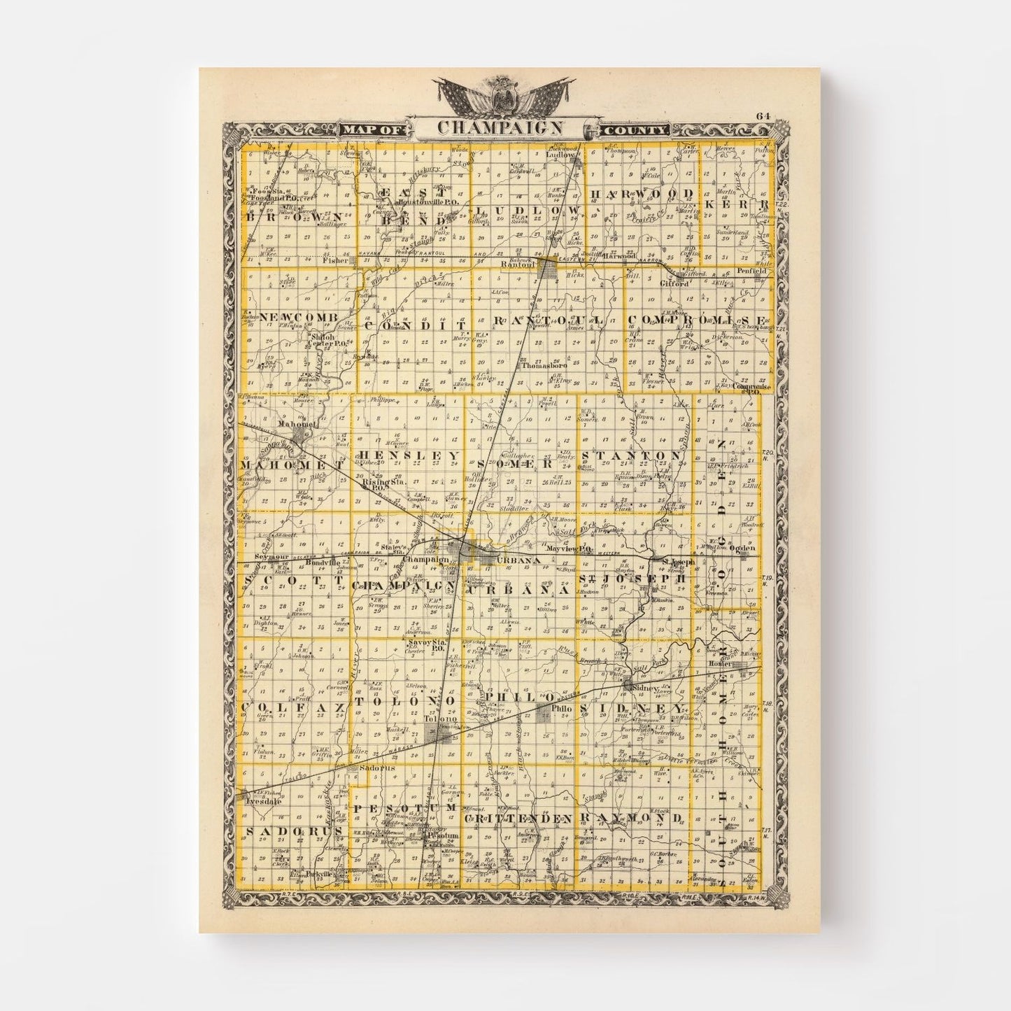 Vintage Map of Champaign County, Illinois, 1876