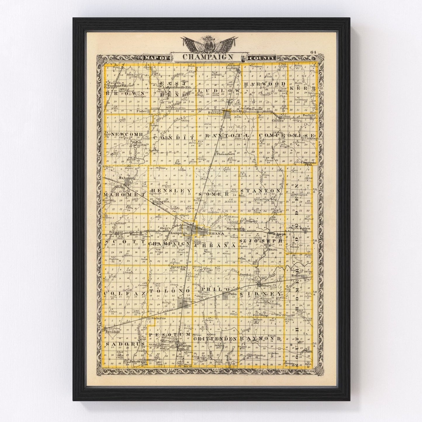 Vintage map of Champaign County, Illinois, 1876, Reconstruction era county map