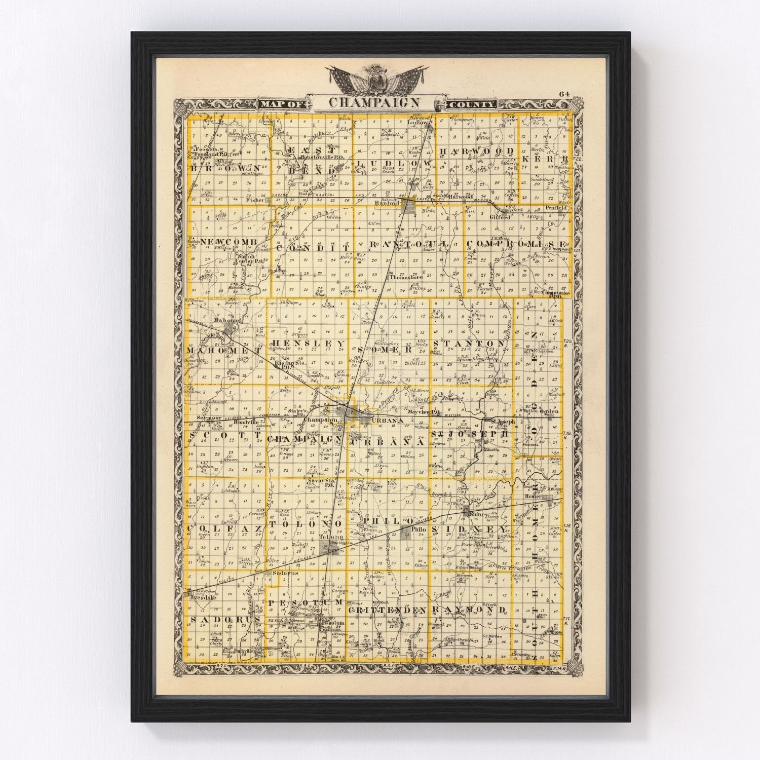 Vintage map of Champaign County, Illinois, 1876, Reconstruction era county map