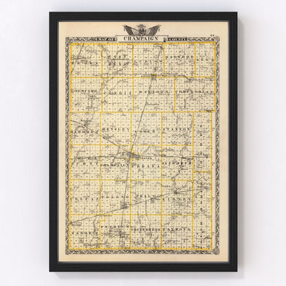 Vintage map of Champaign County, Illinois, 1876, Reconstruction era county map