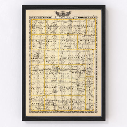 Vintage map of Champaign County, Illinois, 1876, Reconstruction era county map