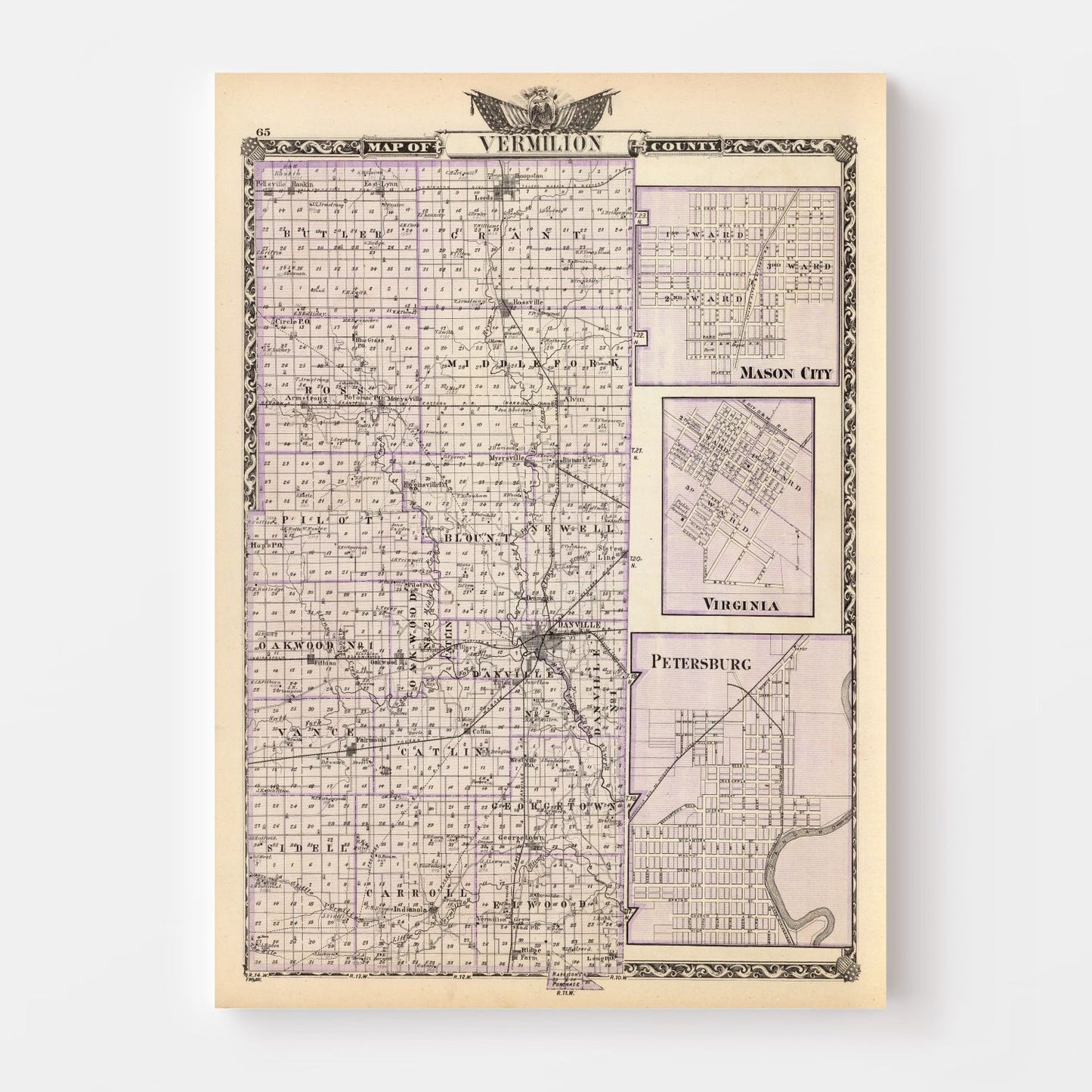 Vintage Map of Vermilion County, Illinois, 1876